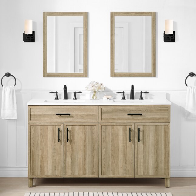 Style Selections Dolton 60 In Natural, Mirror For 60 Inch Double Vanity With Sink On Top Of
