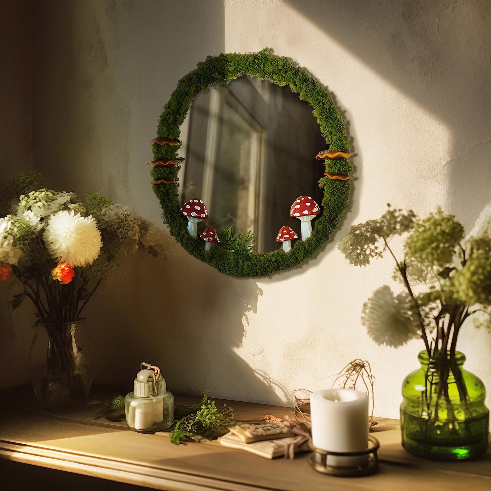Anqtovp Handmade Mushroom Moss Round Wall Mirror 11 in Green ...