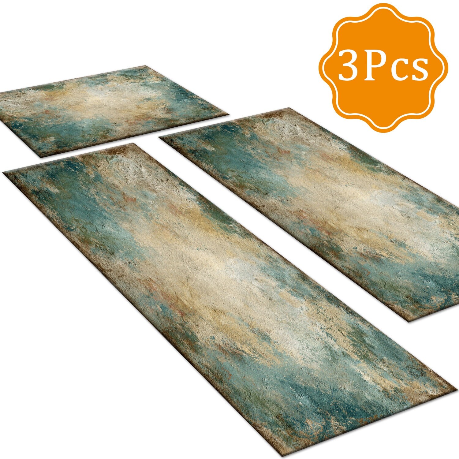 Gloweer 3-Piece Indoor Rug Set Non-Slip Washable Runner Mats Soft Floor Mats for Kitchen Laundry Hallway and Entryway 20x32in 20x47in 20x60in Vintage Teal Earth Blend