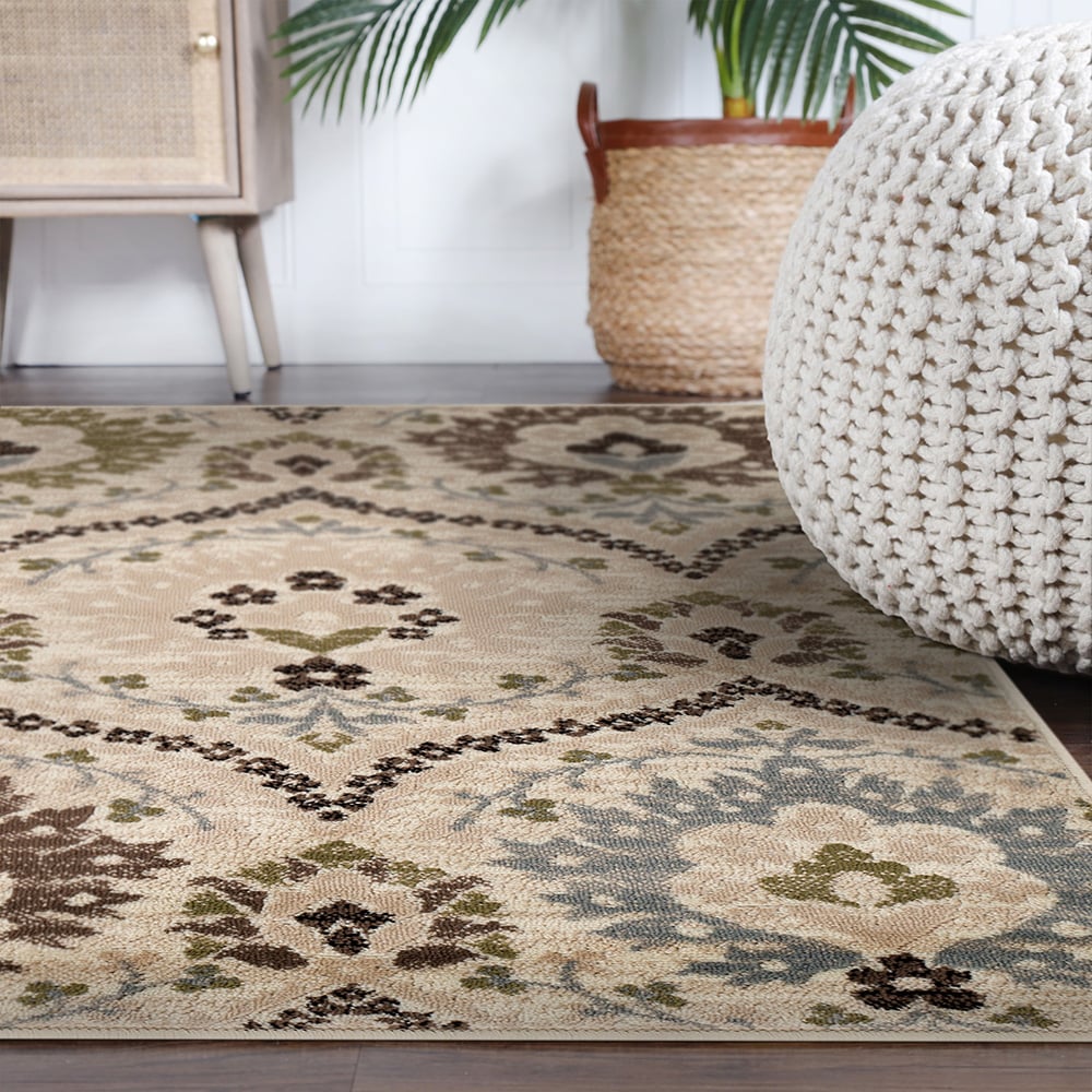 Ivory and Multicolor Floral Synthetic Square Area Rug