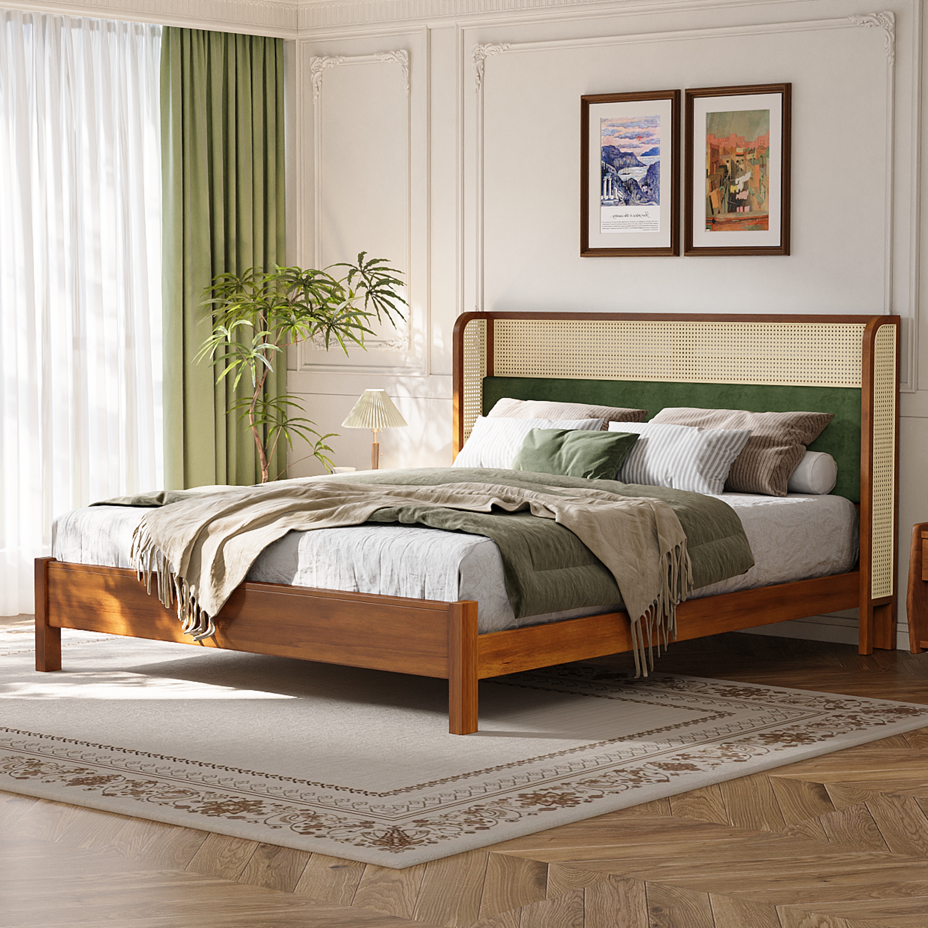 Mid Century Upholstered Low Profile Platform Bed with Rattan Weaving Headboard