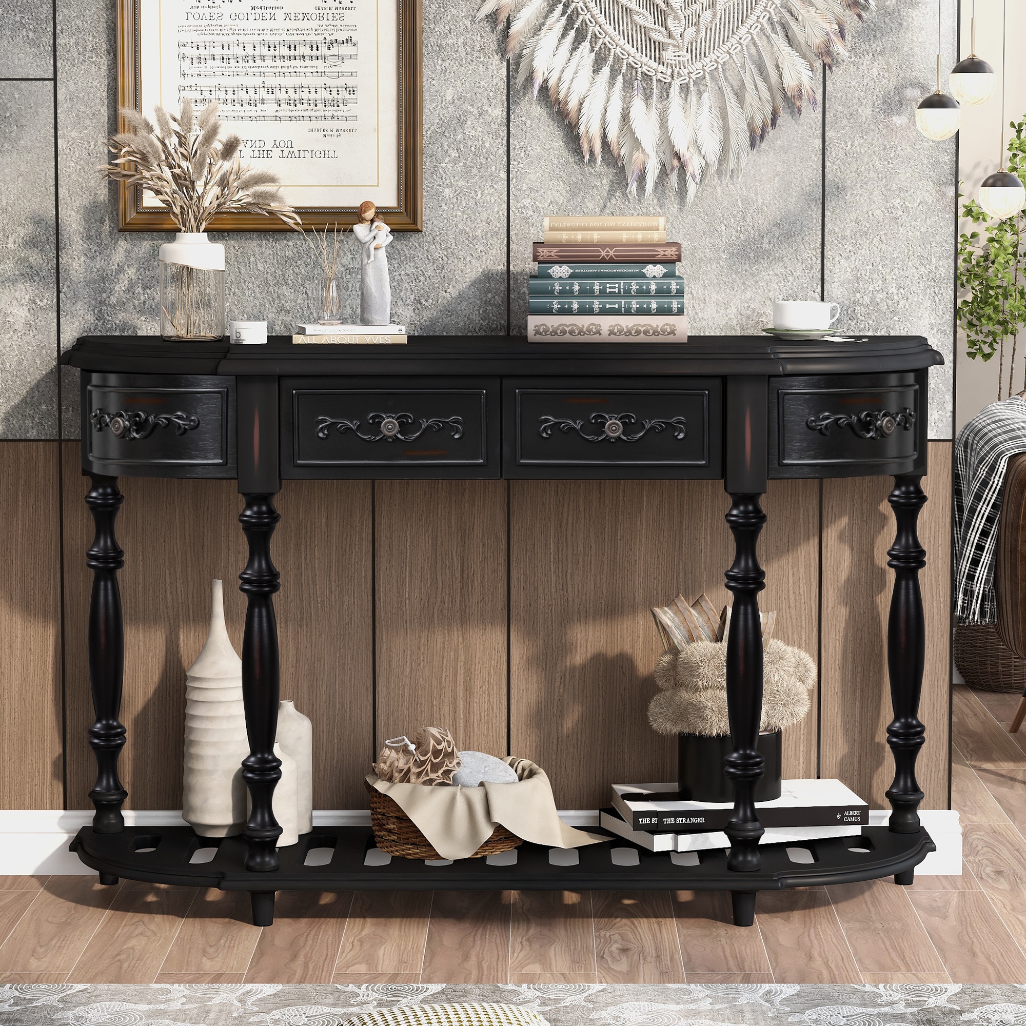 ModernLuxe N711P186862B 52inchModern and Contemporary Curved Console Table Sofa Table Entryway Table for Hallway Living Room with 4 Drawers and 1 Shelf