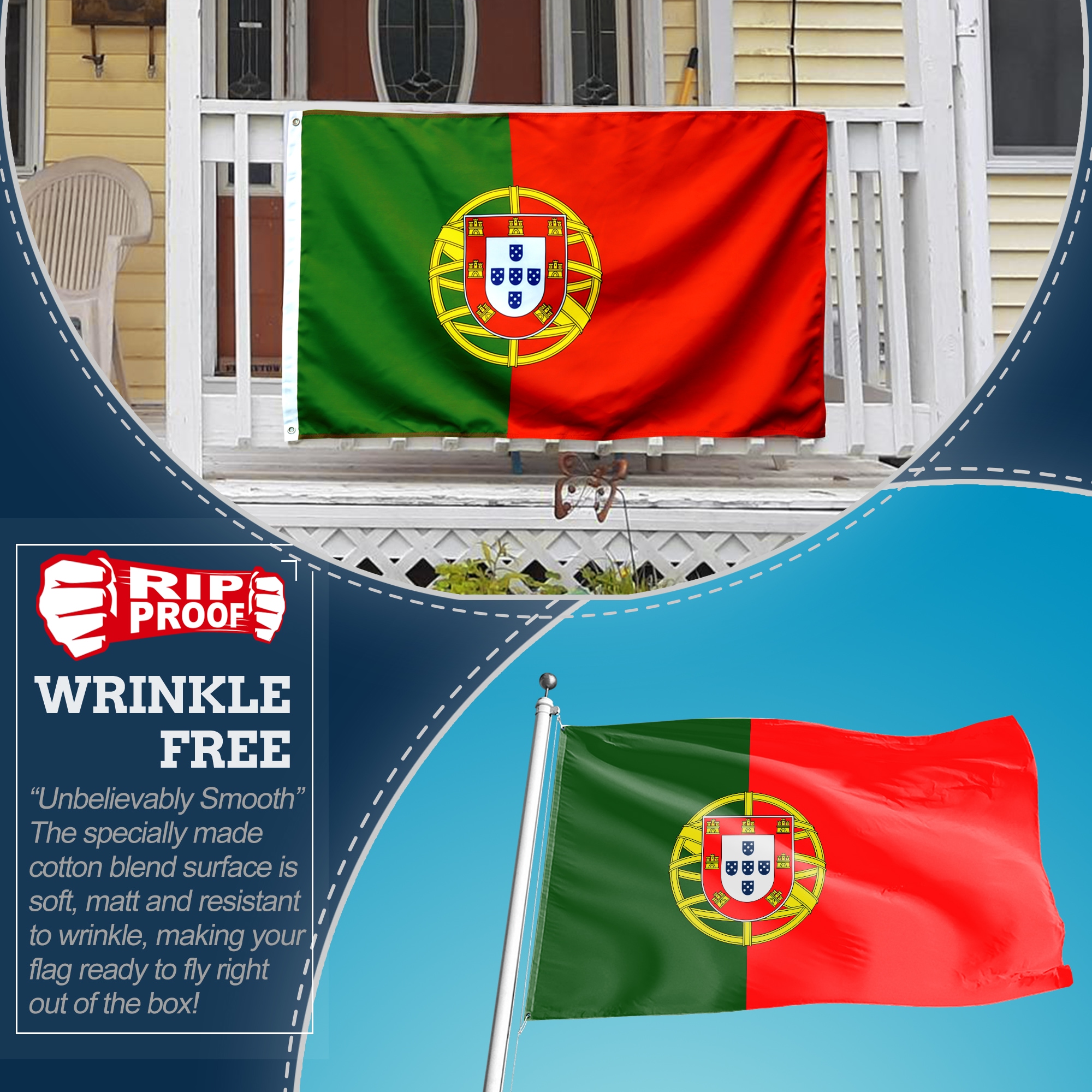 Rip-Proof Double Sided 3-Ply Portugal Flag with Grommets