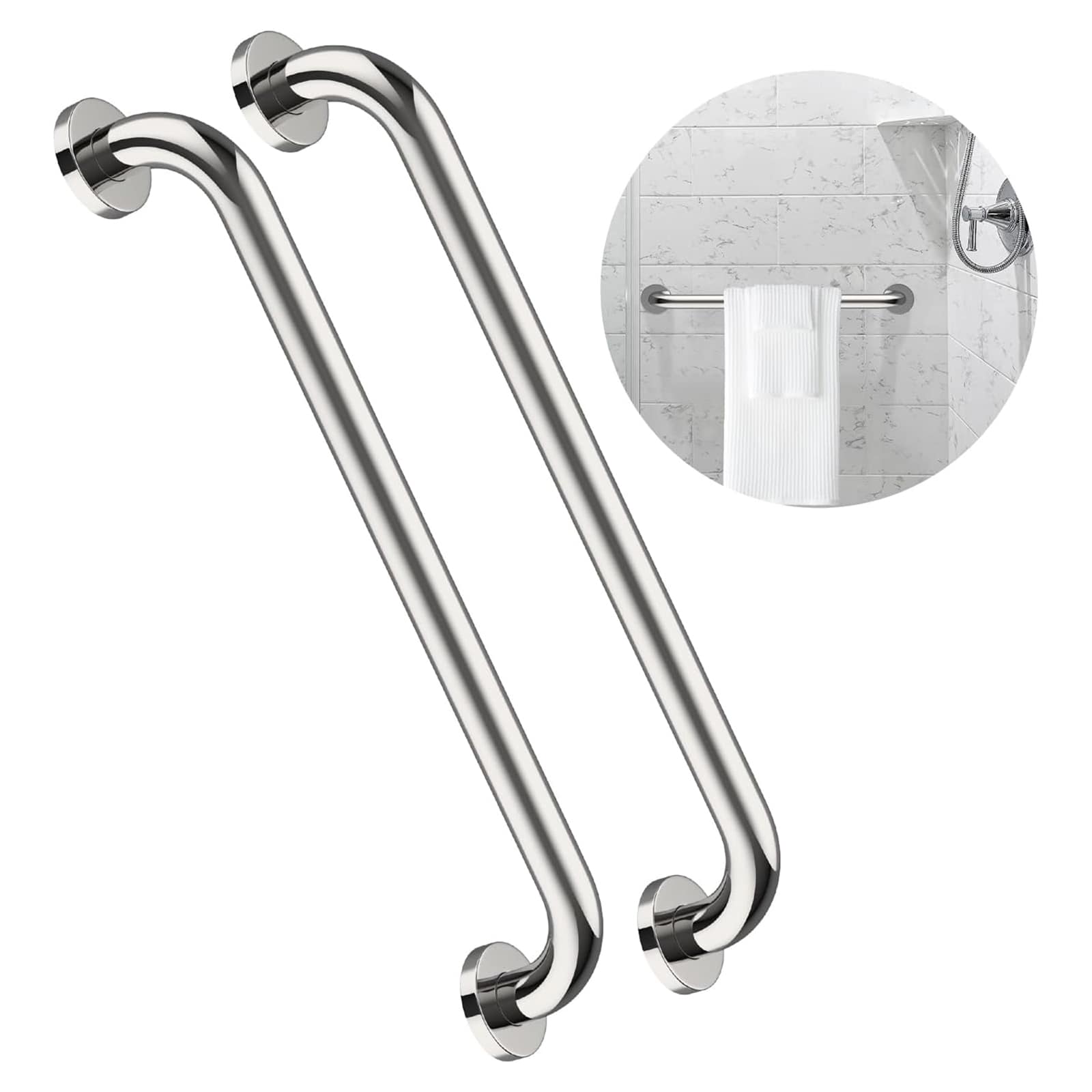 Etokfoks  2 Pack 24 Inch Chrome Stainless Steel Shower Grab Bars 1.25 Inch Diameter Concealed Mount Bathroom Safety Handrail for Elderly Handicap