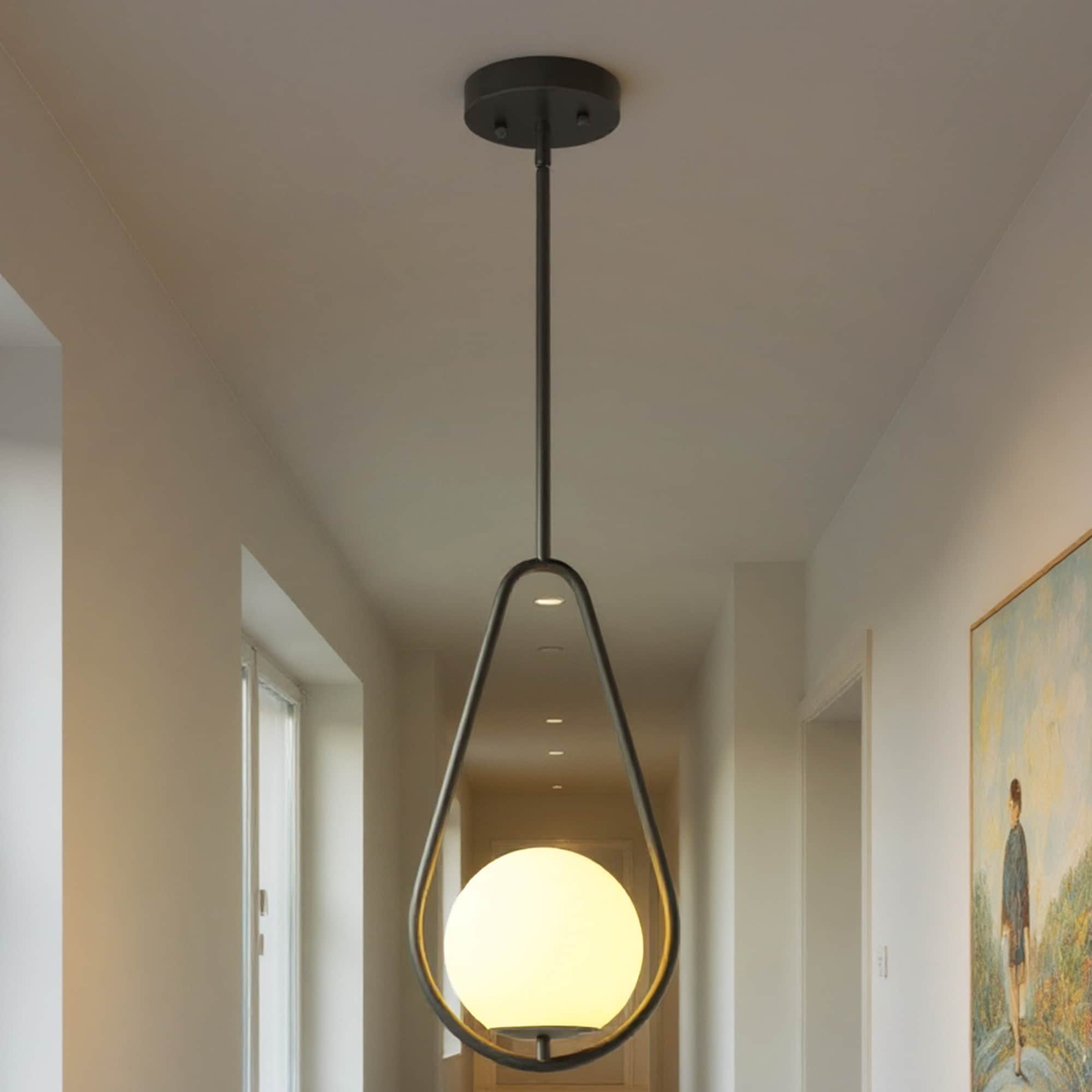 DORESshop 8.5 in 1 Light Gold Globe Pendant Light with Milk Glass Shade Mid Century Modern Chandelier for Dining Room and Kitchen