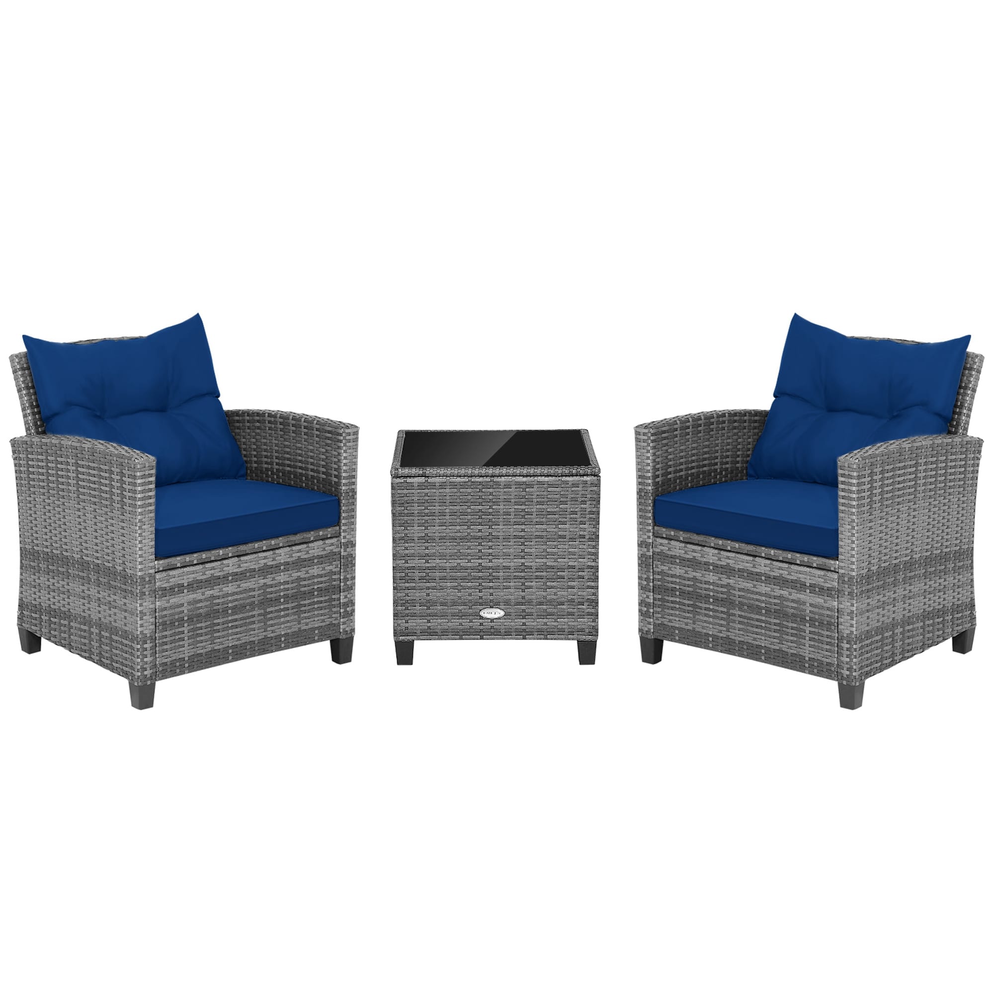 Costway HW70267NY 3 -Piece Wicker Patio Conversation Set with Blue Cushions