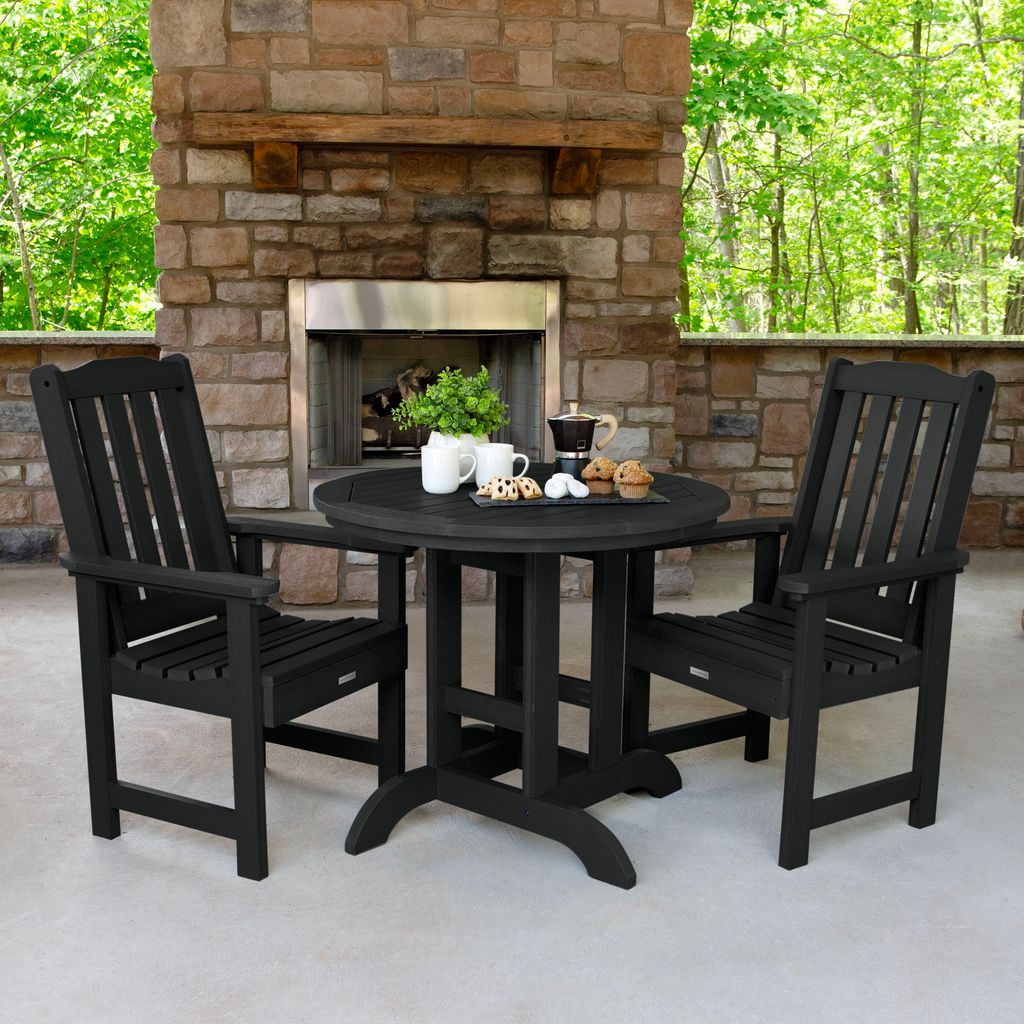 highwood AD-DNL36-BKE The Lehigh 3 -Piece Black Patio Dining Set Plastic Round Table with 2 Stationary Chairs
