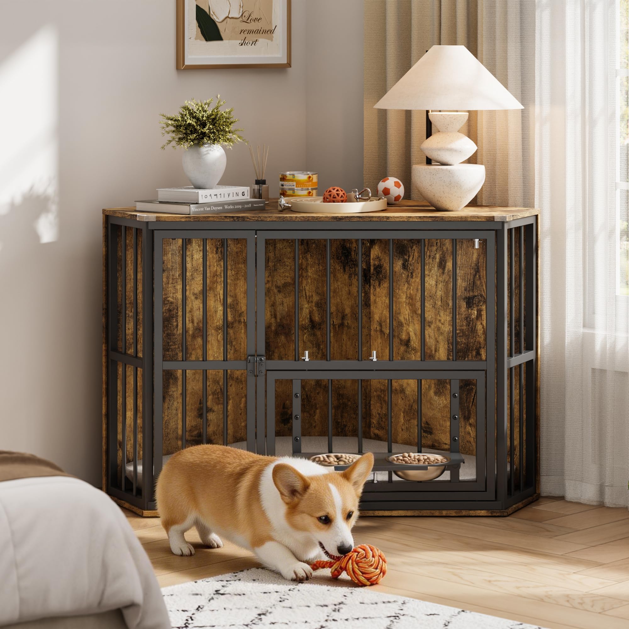 GarveeLife 42in Corner Dog Crate Furniture Wooden Dog Kennel Indoor with Feeding Bowls and Revolving Door Decorative Dog Crate for Small Dog