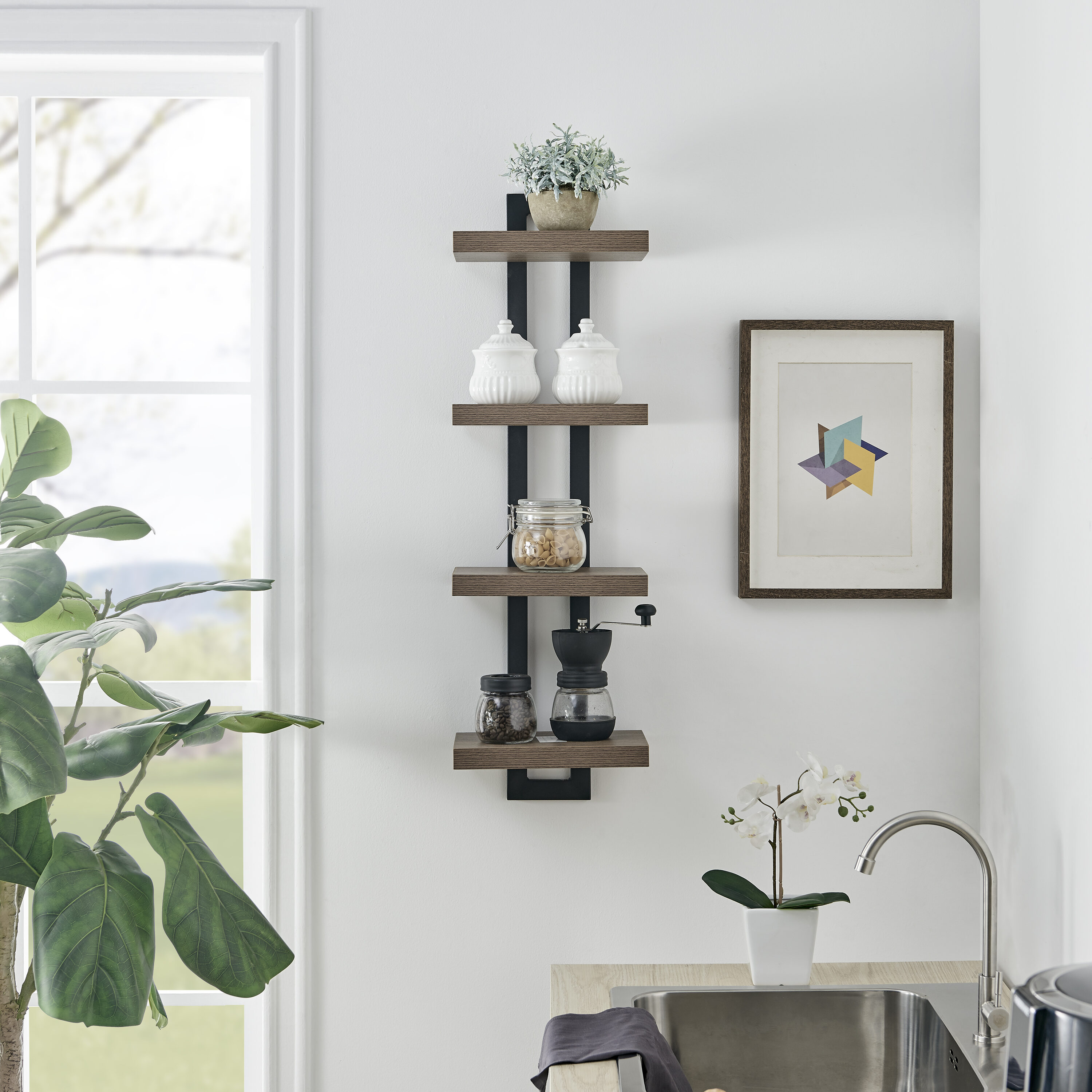 Danya B. GH2220WN 7.6-Inches L x 11-Inches D x 36-Inches H Black/Walnut MDF Rectangular Bracket shelf 4 Decorative Shelves
