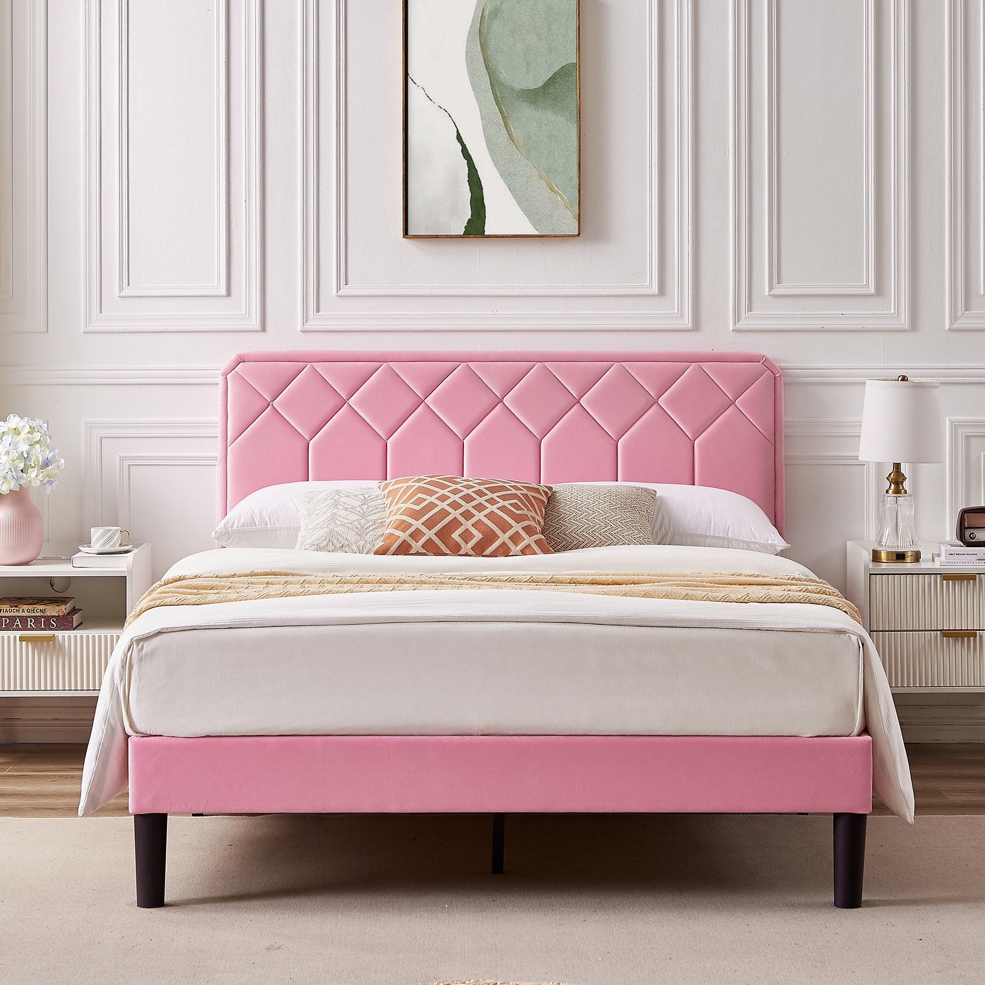 Vecelo LOE-CY-QB02-PNK Queen Size Bed Frame Velvet Upholstered Platform with Adjustable Headboard Easy Assembly Pink