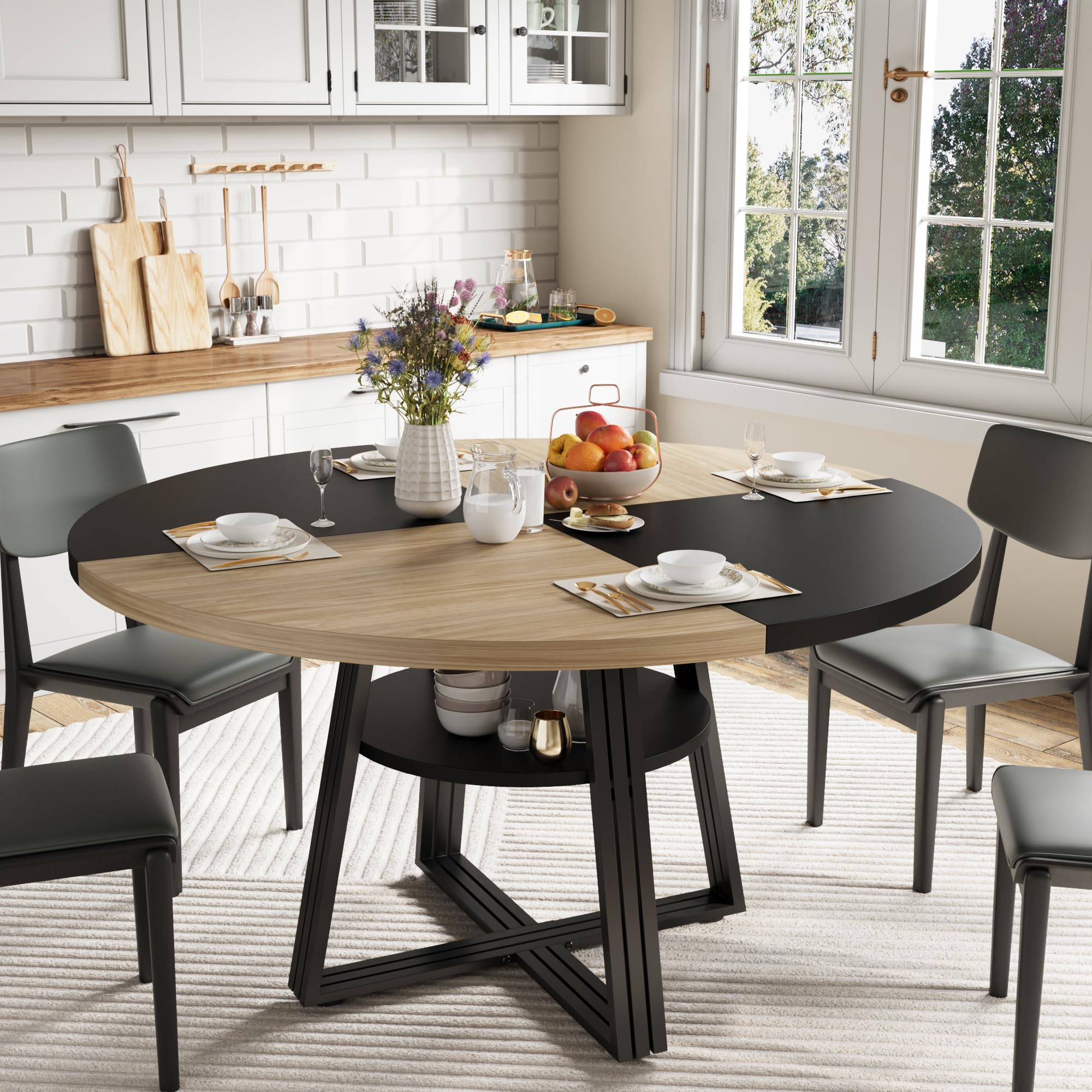 Garvee 47.2 Inch Round Farmhouse Dining Table For 4-6 People Metal Legs  Built In Bottom Shelf Storage Space Saving Design Natural And Black Color  For Apartment Living Room Kitchen And Dining Room, image size:900x900