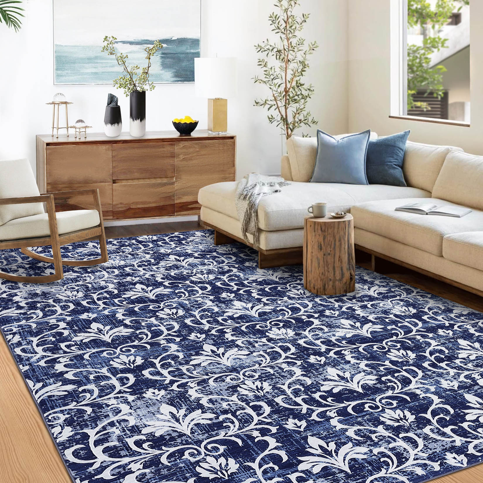 Garvee YXY-LO-PHO-15AYGP9J 8 x 10 (ft) Loomed Polyester Blue Rectangular Indoor Damask Mid-Century Modern Machine washable Area rug