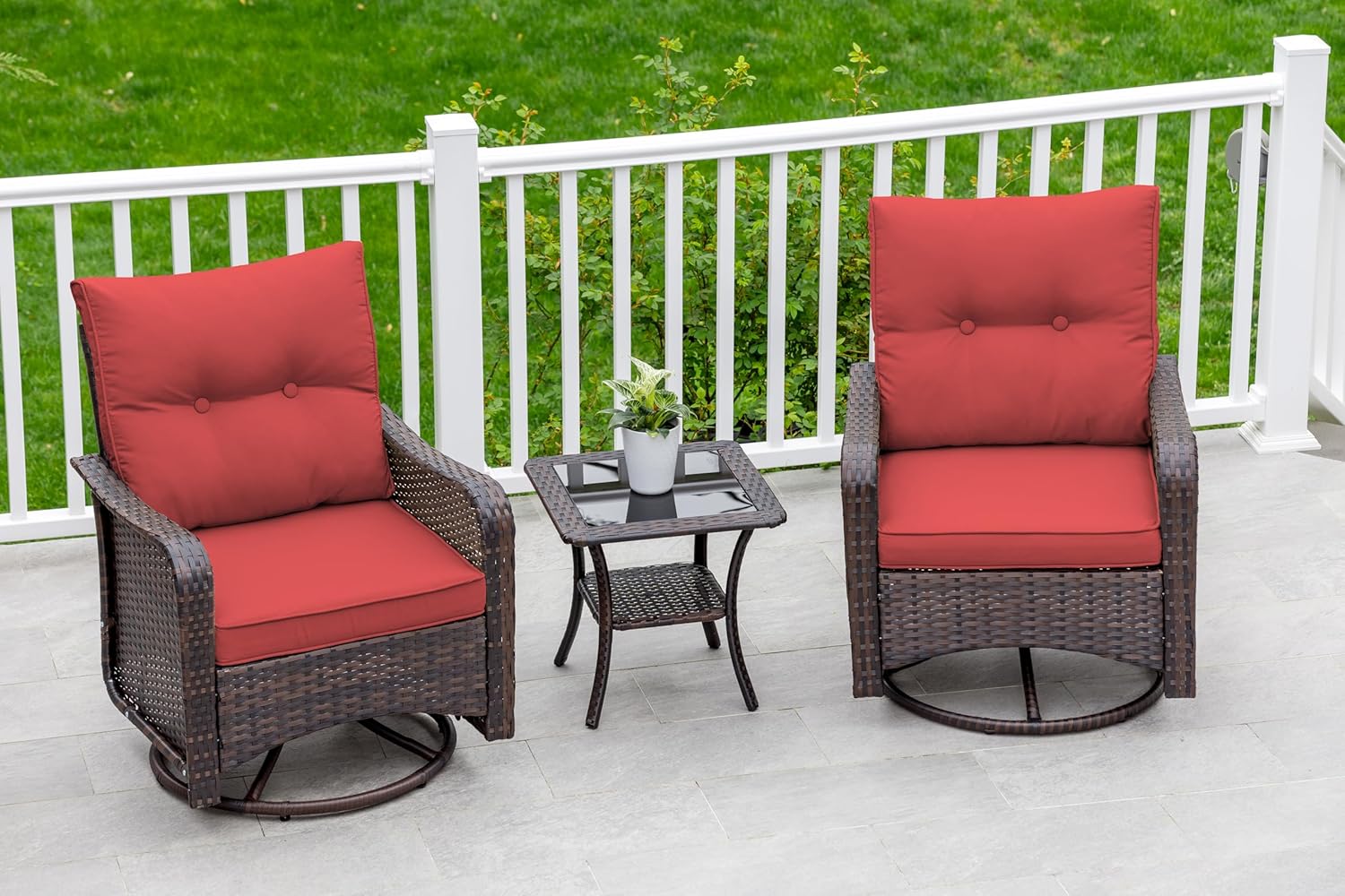 ALAULM LS-SRC-RED Wicker Swivel Rocking Chair Set Set of 2 Wicker Brown Wicker Frame Swivel rocker Rocking Chair with Red Solid Seat