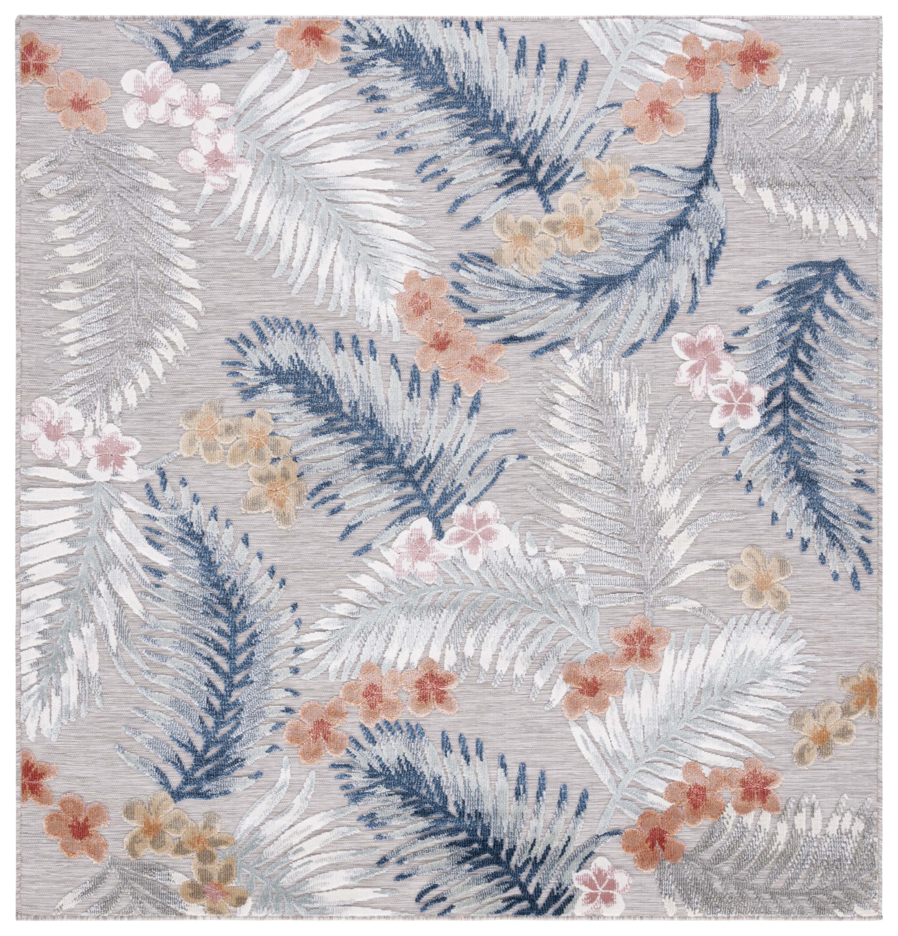 Cabana Floral Grey & Navy 77" Square Non-Slip Outdoor Rug