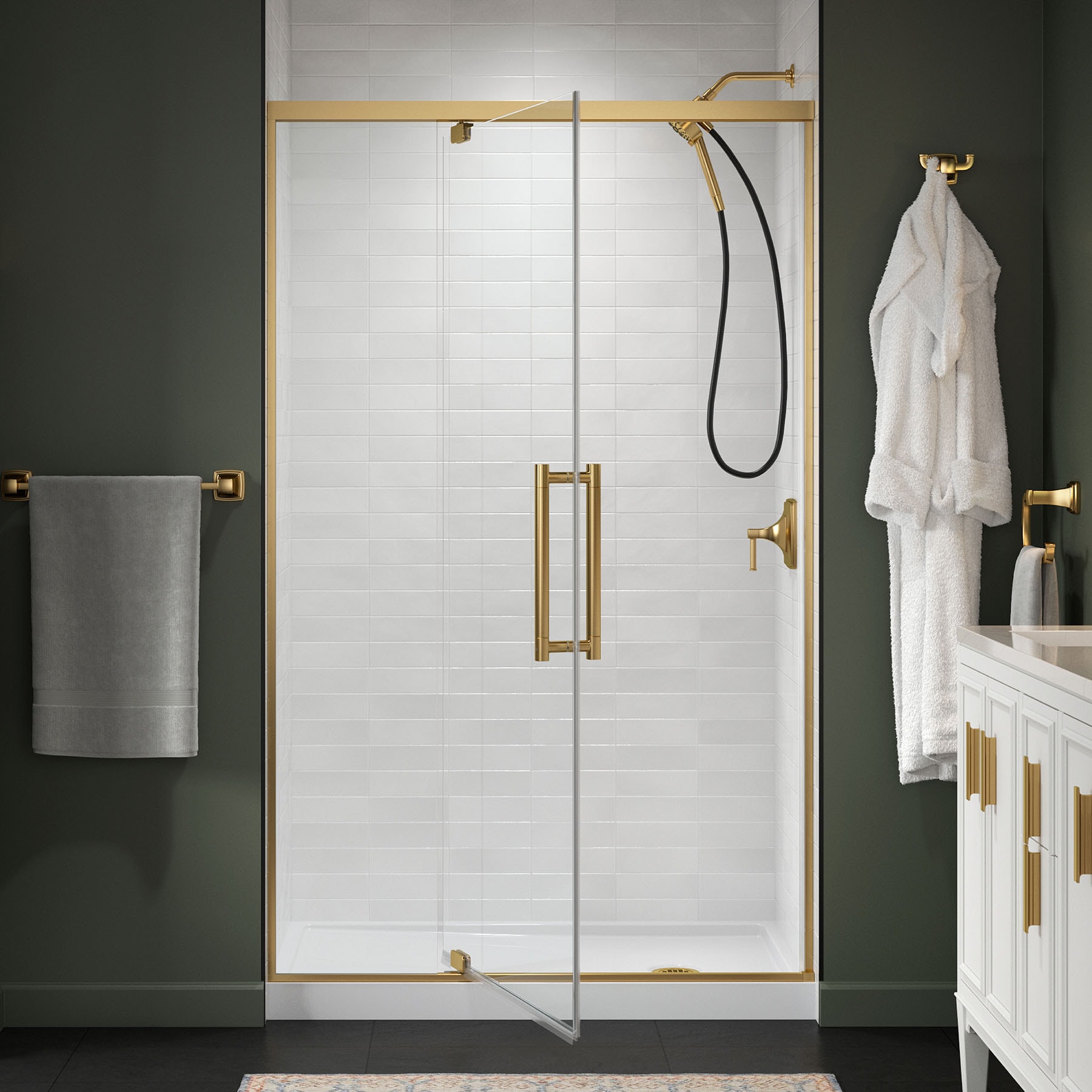 KOHLER 702478-8L-2MB Premise Vibrant Brushed Moderne Brass 43-5/8-in to 47-5/8-in W x 76.06-in H Frameless Pivot Soft Close Shower Door 5/16-in Thick Clear Glass