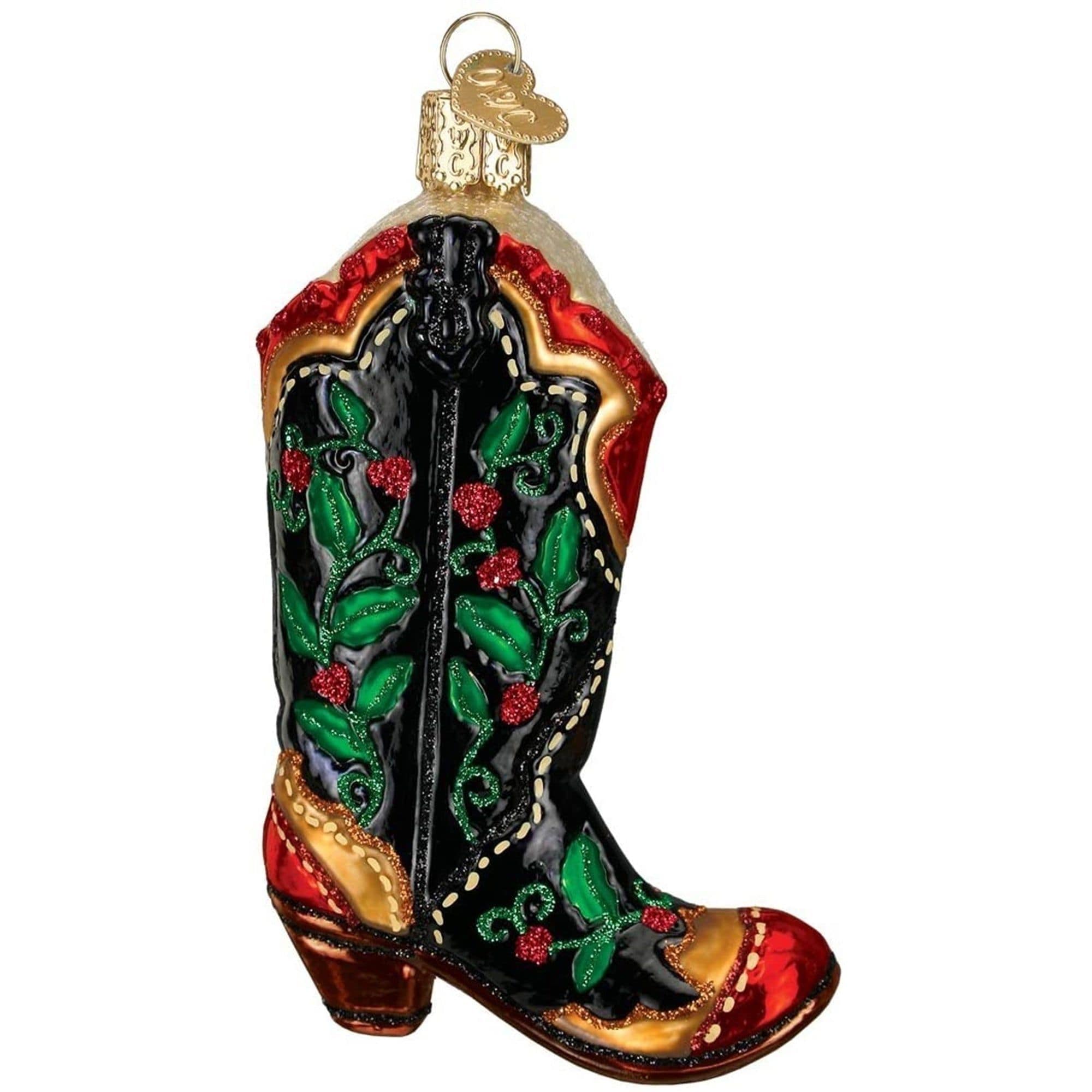 Old World Christmas 729343321619 Blown Glass Ornament for Christmas Tree - Holly Berry Cowboy Boot