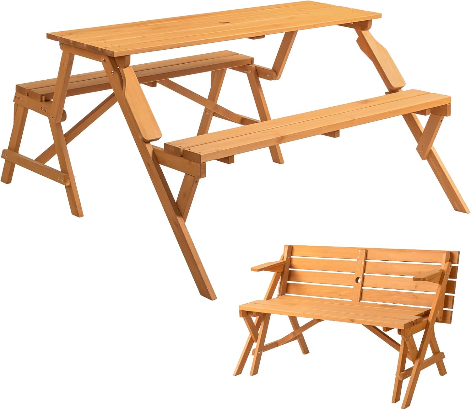 VINGLI 2-in-1 Convertible Wooden Picnic Table with Umbrella Hole