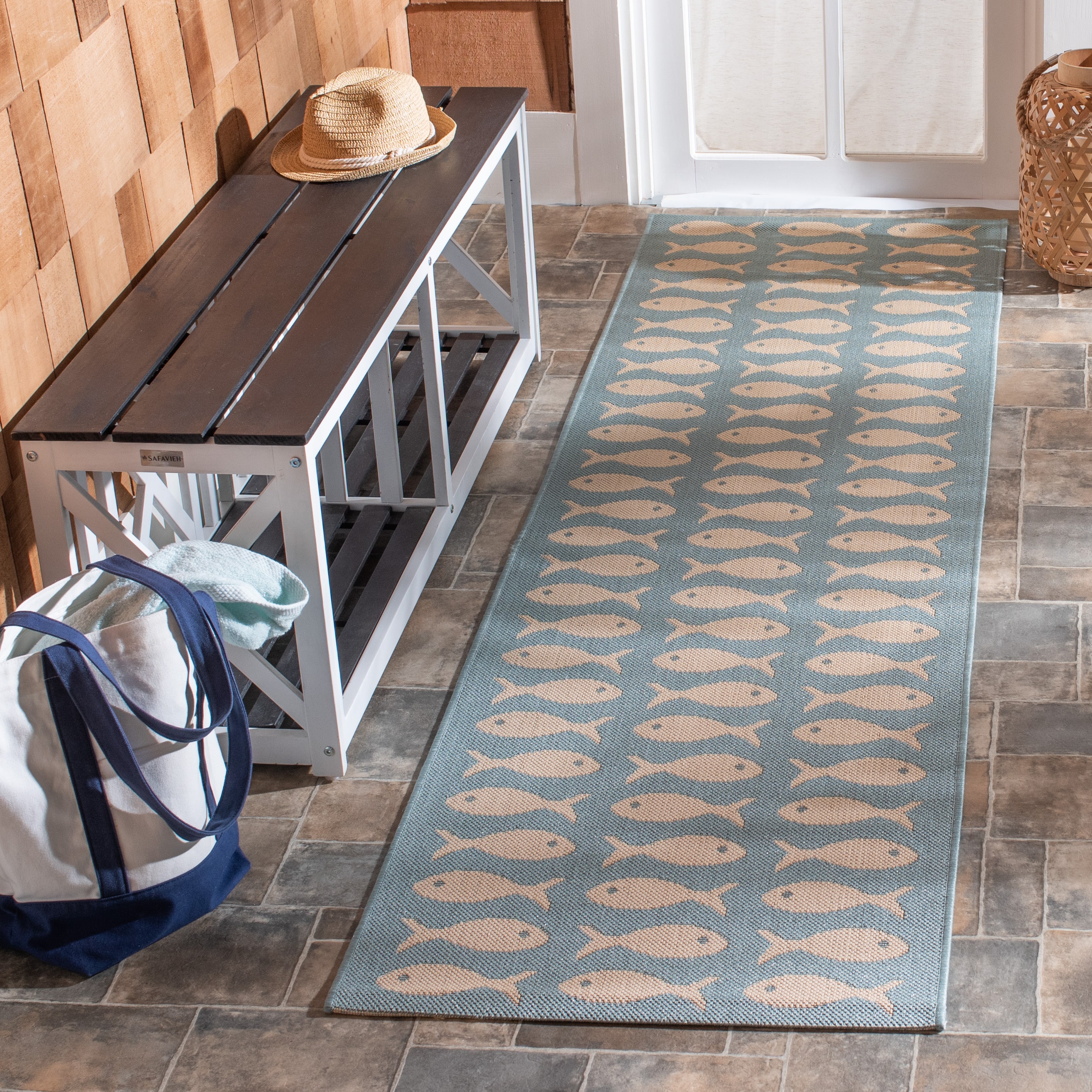 Safavieh CY6013-223-28 Courtyard 2 x 8 (ft) Loomed Synthetic Aqua/Beige Rectangular Indoor/Outdoor Geometric Runner rug