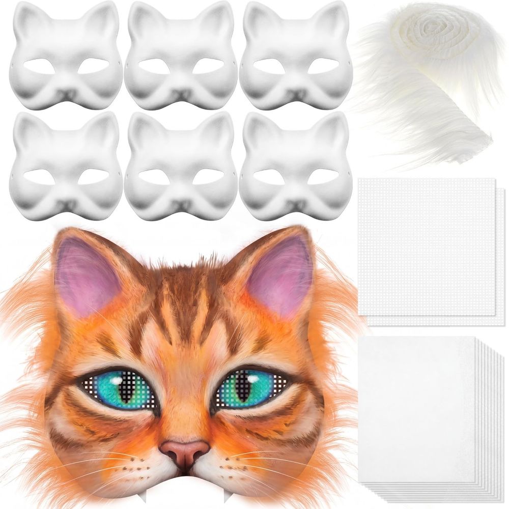 Afoxsos  Cat Mask DIY Kit 6 pcs Blank Paper Masks 10 Felt Fabric Sheets Faux Fur Strip 2 Mesh Sheets for Custom Costume and Therian Gear
