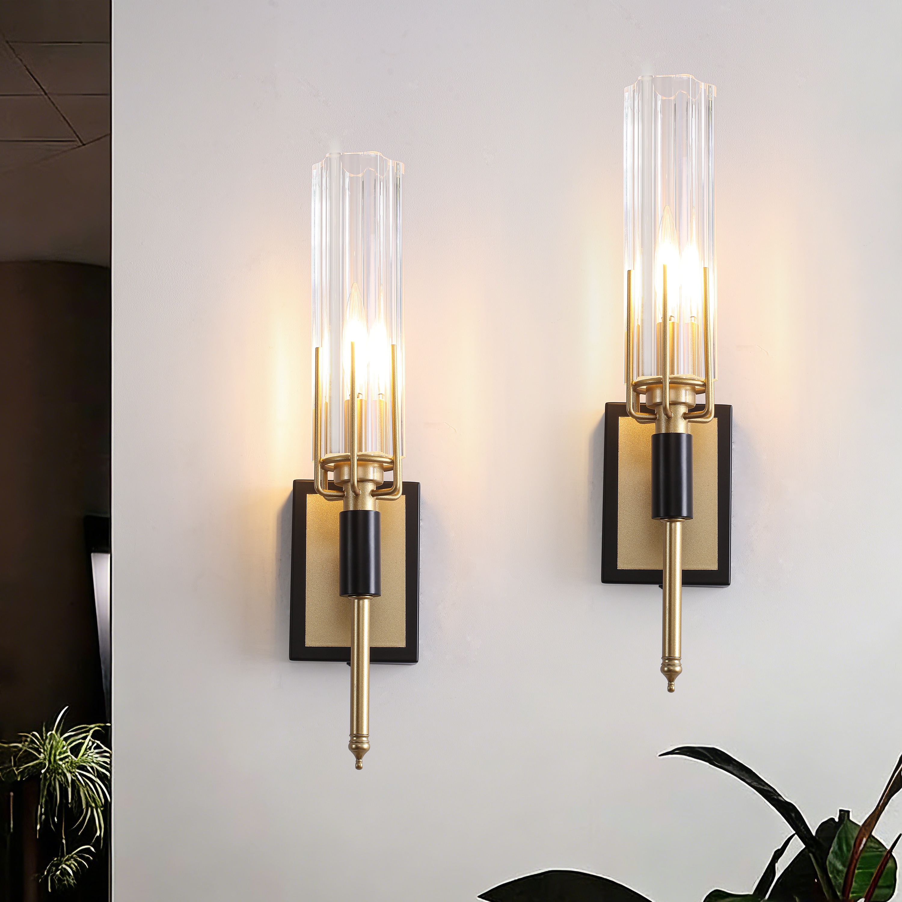 GZJunYo Set of 2 5.9 in. W 1-Light Matte Black and Gold Wall Sconce with Glass Tube Shade Modern Bathroom Vanity Light Fixture