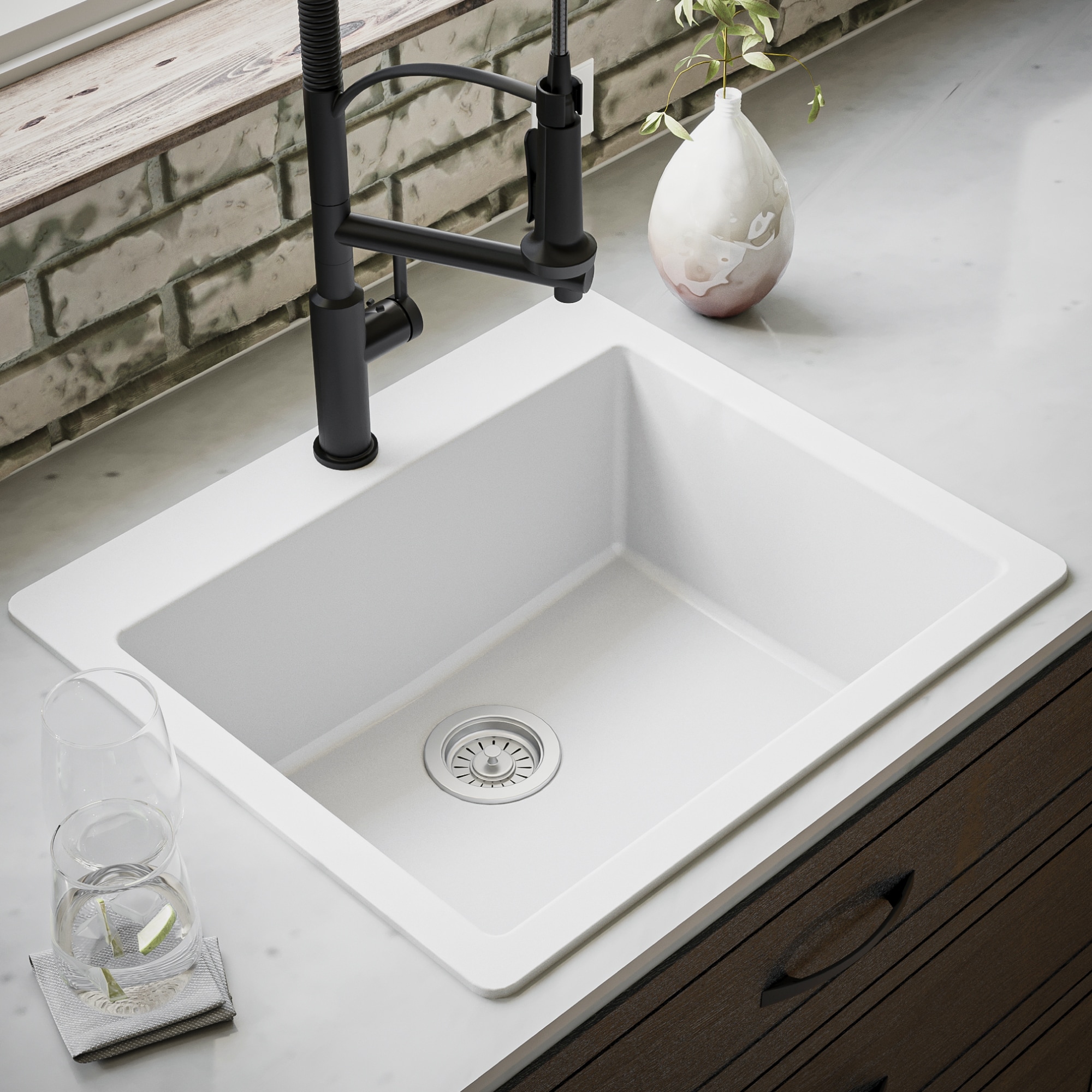 Karran QT-820-WH Drop-in 25-in x 22-in Quartz Single bowl 1-Hole Kitchen Sink