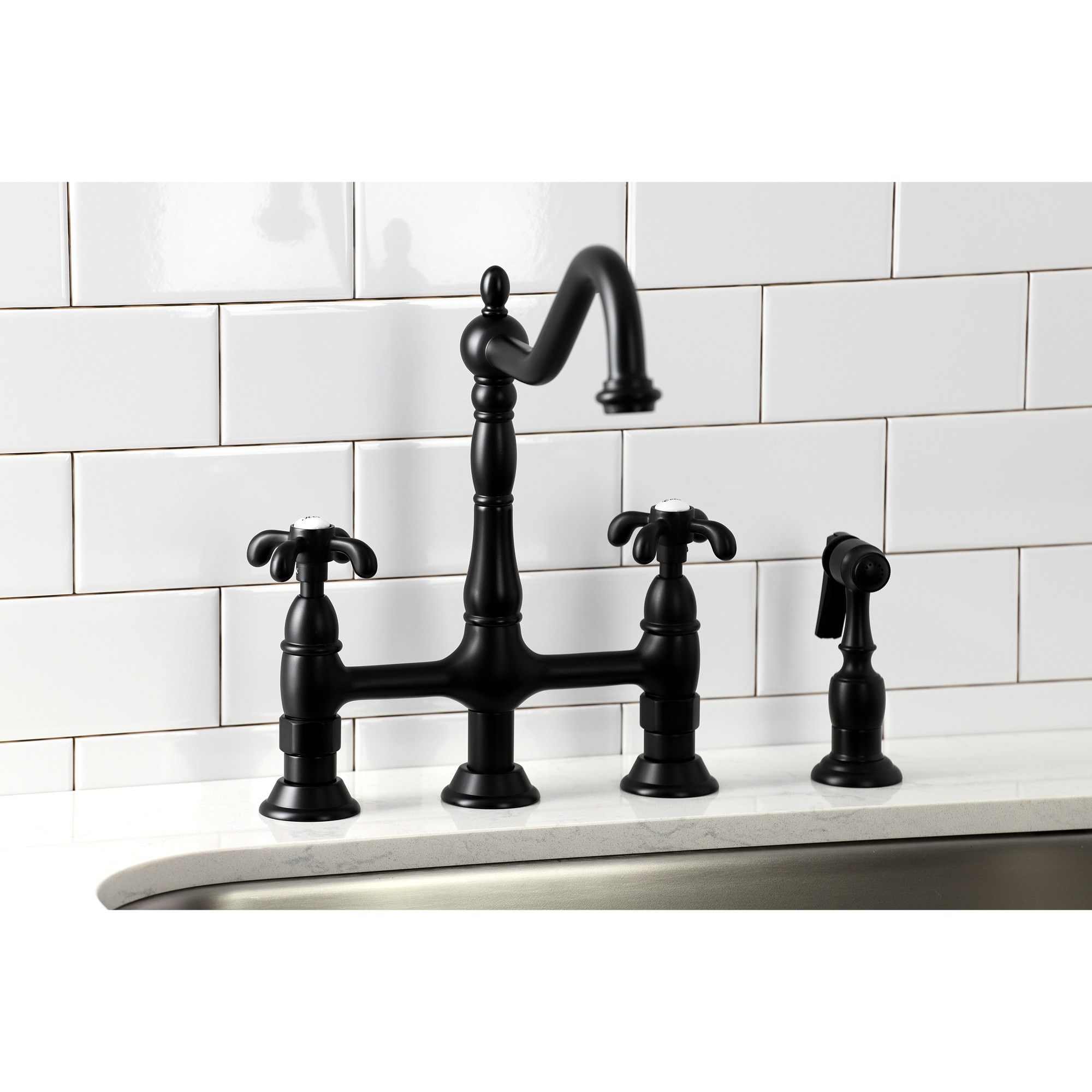 Kingston Brass WLKS1270TXBS Matte Black Double Handle Deck-mount Bridge Kitchen Faucet ( Side Sprayer Included )