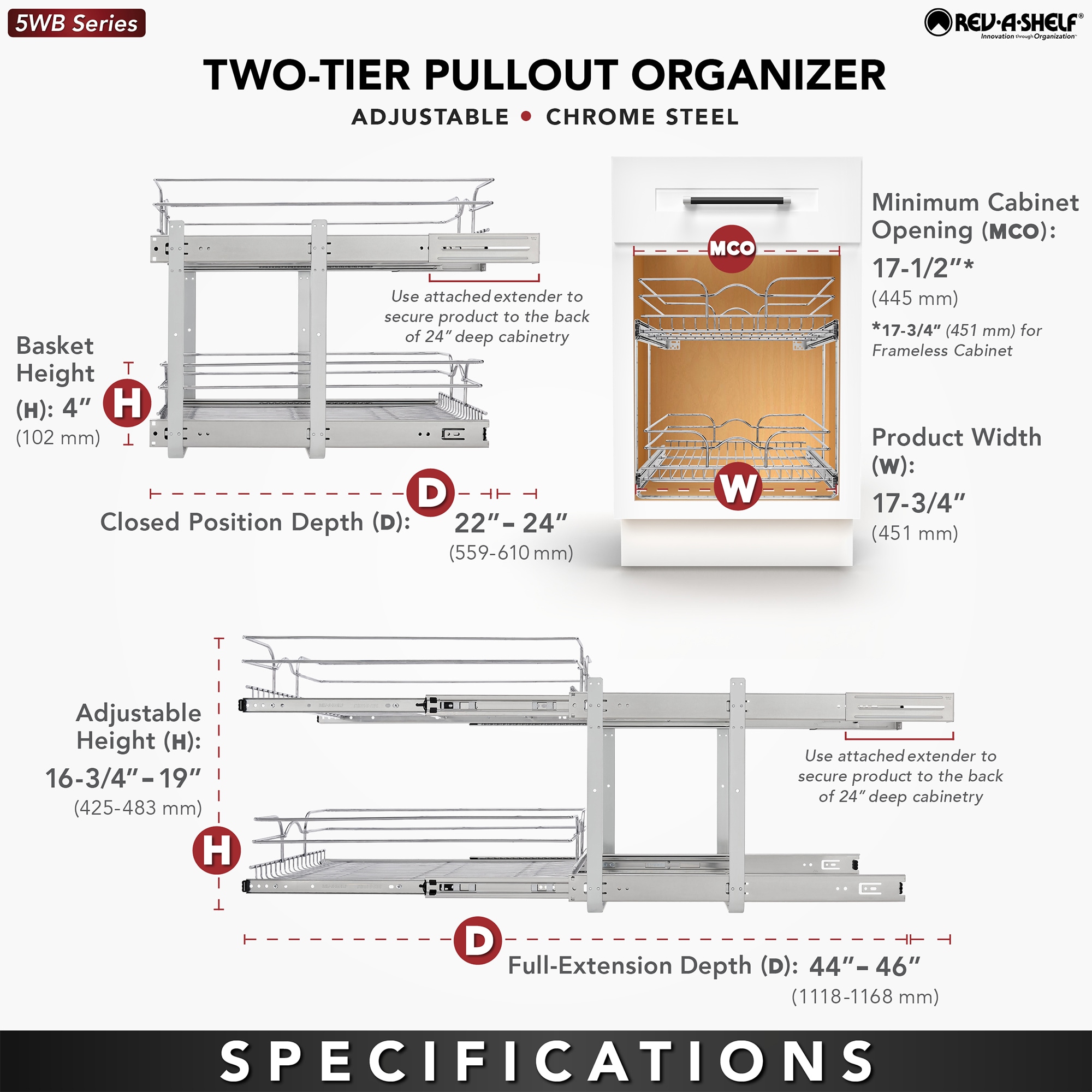 Rev-A-Shelf 5WB2-1522CR-1 15 x 22in 2-Tier Cabinet Pull Out Wire Baskets, Chrome