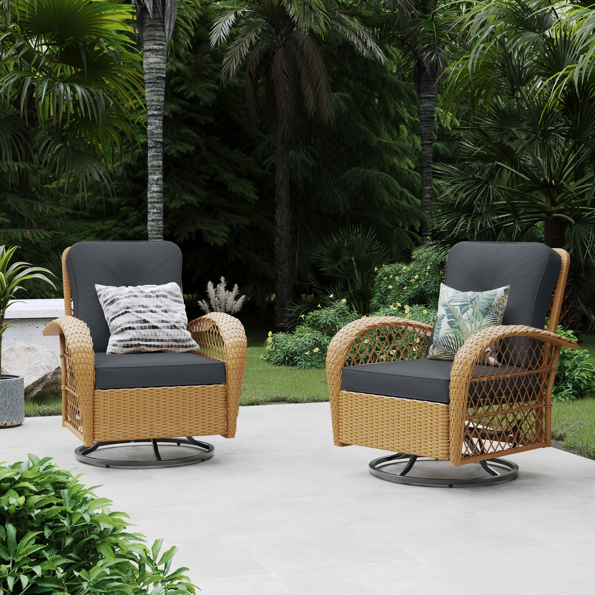 Patio Watcher LHY-2C-Y4 Swivel Rocking Chair Set of 2 Rattan Beige Stainless steel Frame Swivel rocker Rocking Chair with Dark gray Cushioned Seat
