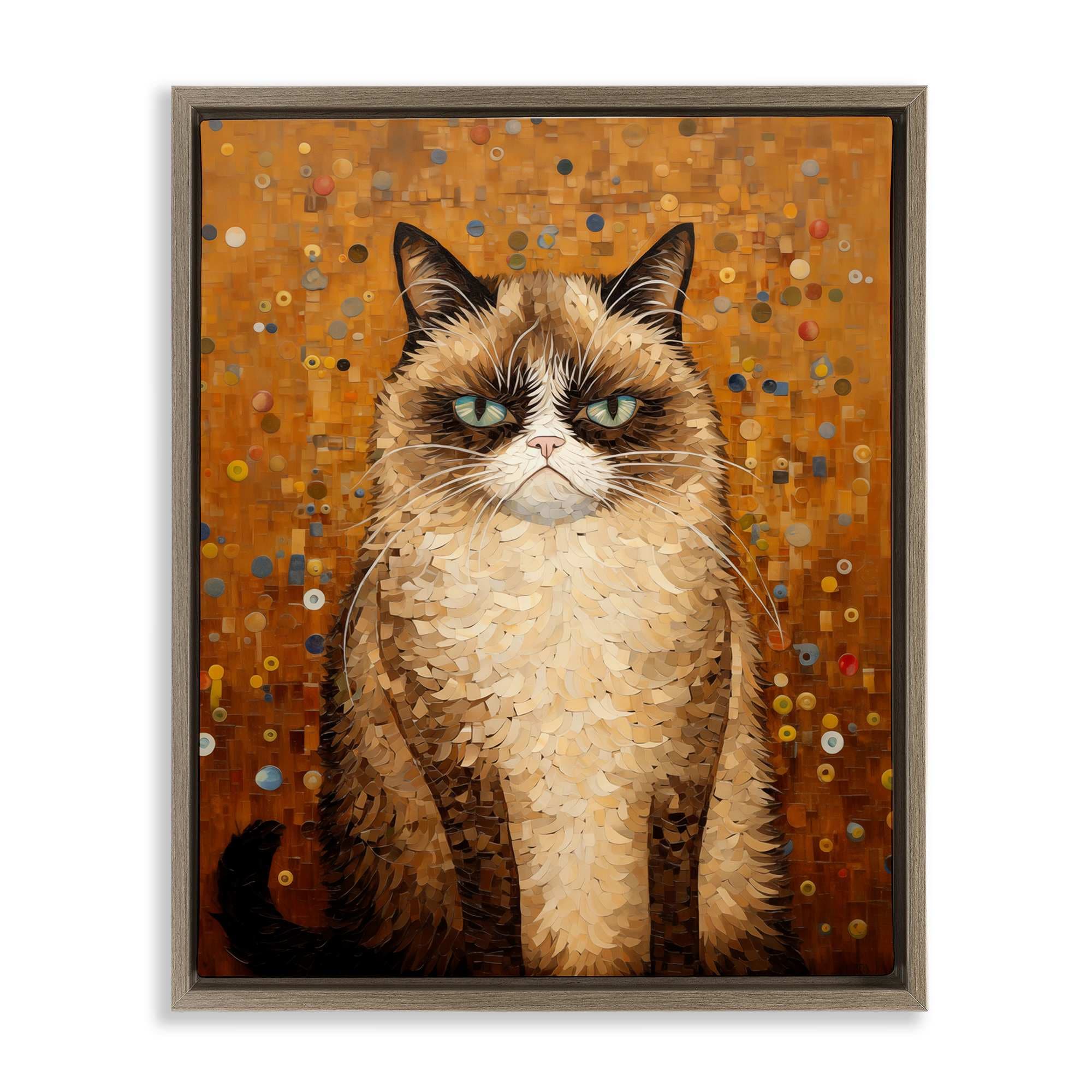 Stupell Industries BT-867-FFE-24X30 Grumpy Klimt Cat Brown Framed Floater Canvas Wall Art By Arlington Prints 25 x 31