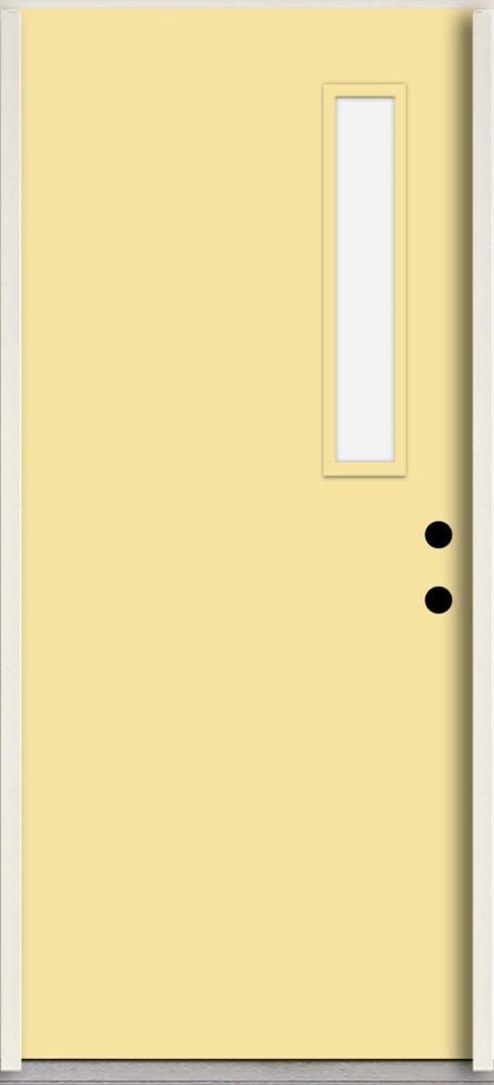 RELIABILT LO1063372 Spotlights 32-in x 80-in x Fiberglass 1/4 lite Left-hand inswing Cabana Yellow Paint Painted Prehung Front Door Insulating core