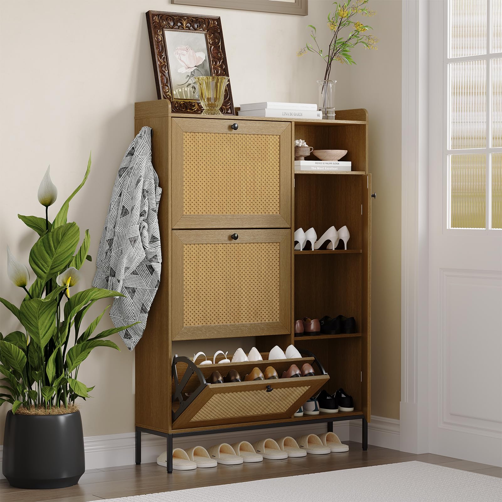 IdealHouse 3 Tier Rattan Shoe Cabinet with Turn over Top Drawers Narrow Entryway Shoe Organizer Adjustable Shelves Space Saving Rack for Hallway Bedroom Front Door