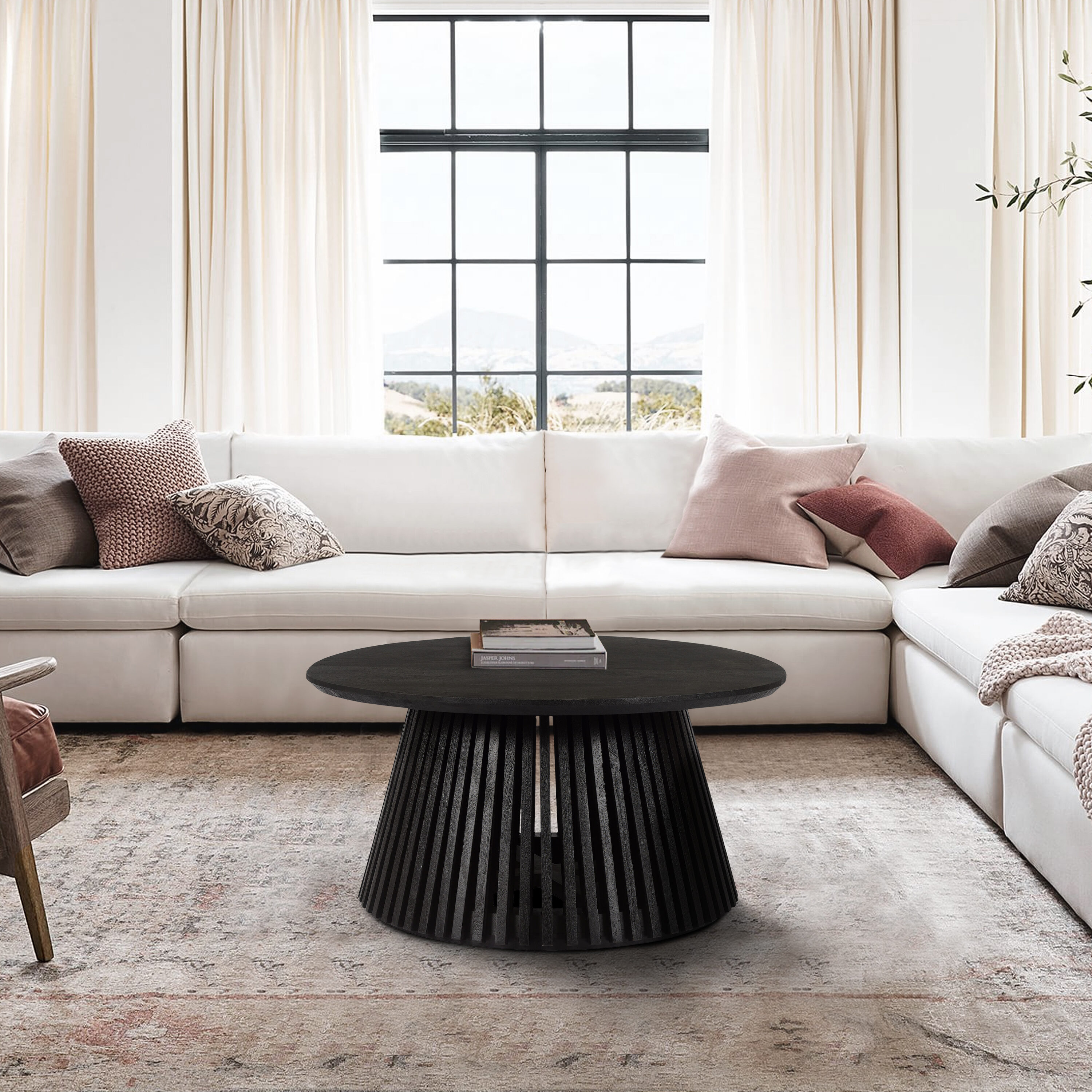 Jet Black Round Solid Wood Coffee Table with Slatted Base