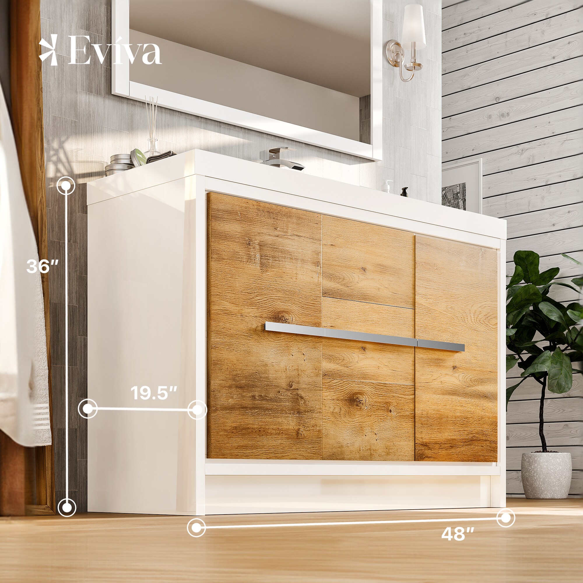 Natural Oak and White Freestanding Single Sink Bathroom Vanity