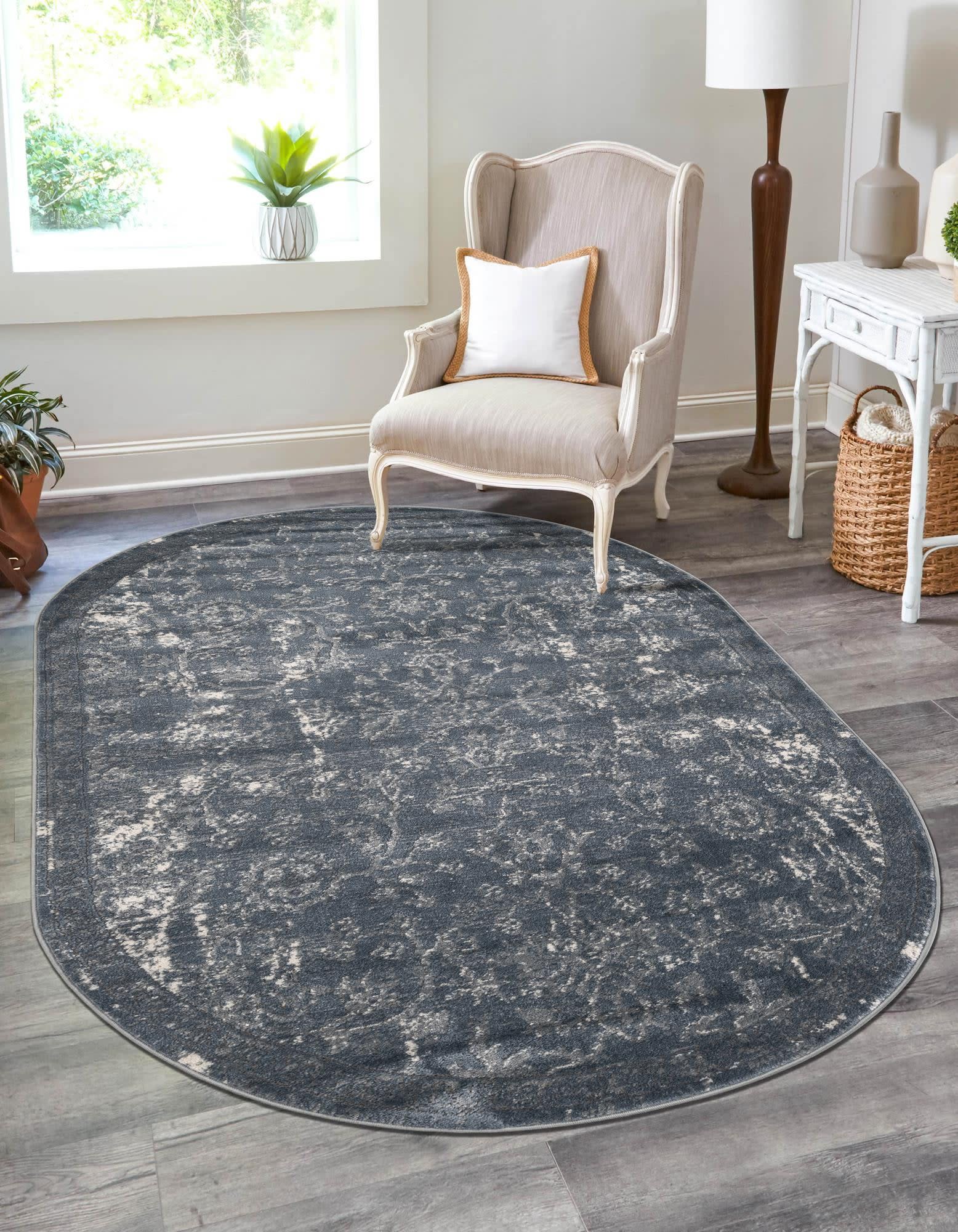 Unique Loom 3200410 Portland 5 x 8 (ft) Loomed Polypropylene Blue Oval Indoor Floral/Botanical Area rug
