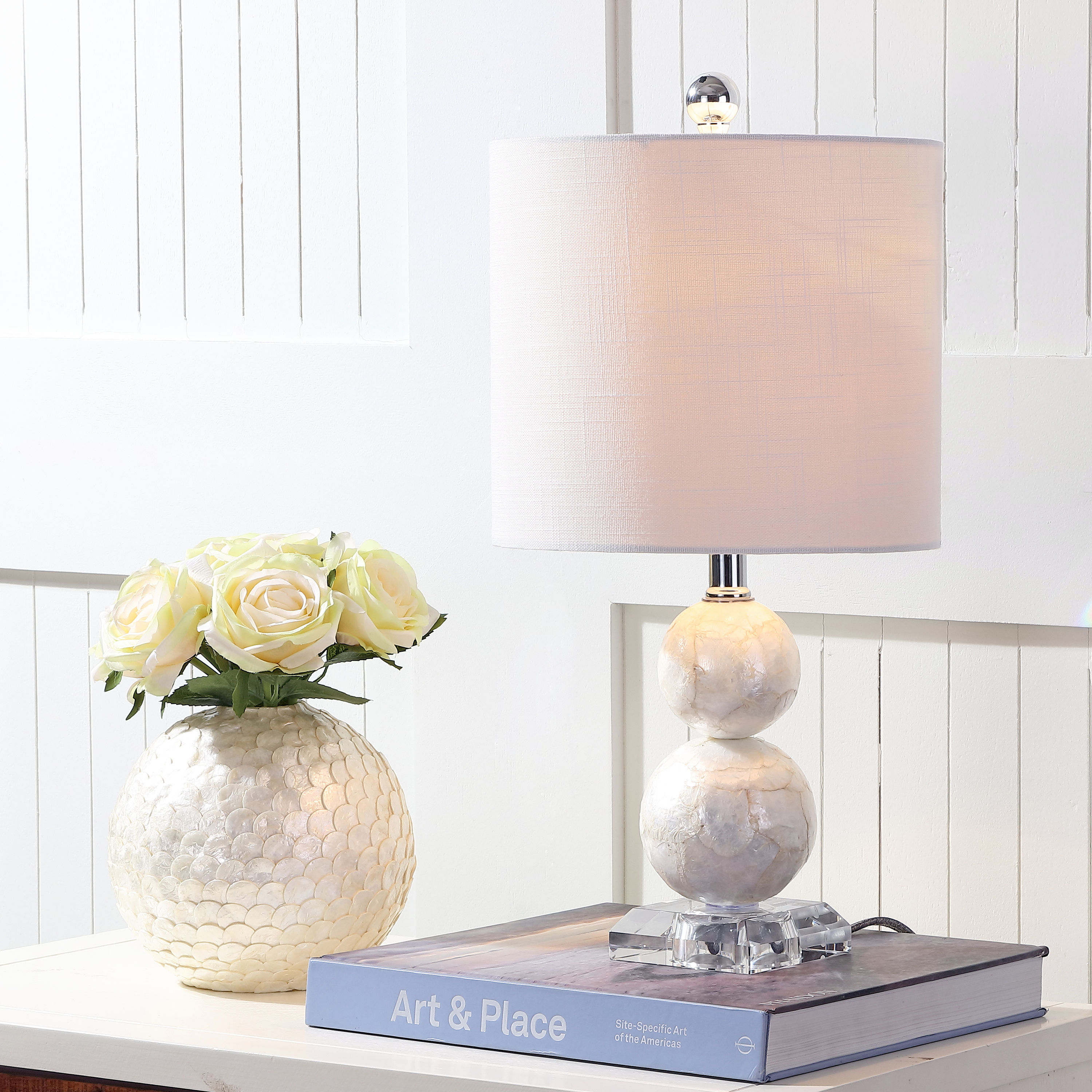JONATHAN  Y JYL1023A Bailey Seashell Coastal/Cottage 19-in Chrome LED Incandescent Rotary socket Table Lamp with Linen Shade