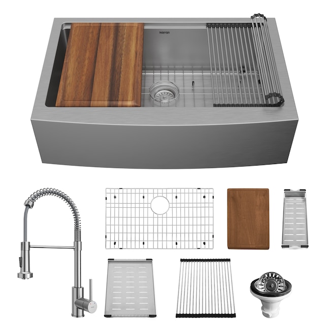 Farmhouse Apron Front Stainless Steel 33 in. Single Bowl Kitchen Sink Kit in Satin Farmhouse Apron Front Stainless Steel 33 in. Single Bowl Kitchen Sink Kit in Satin