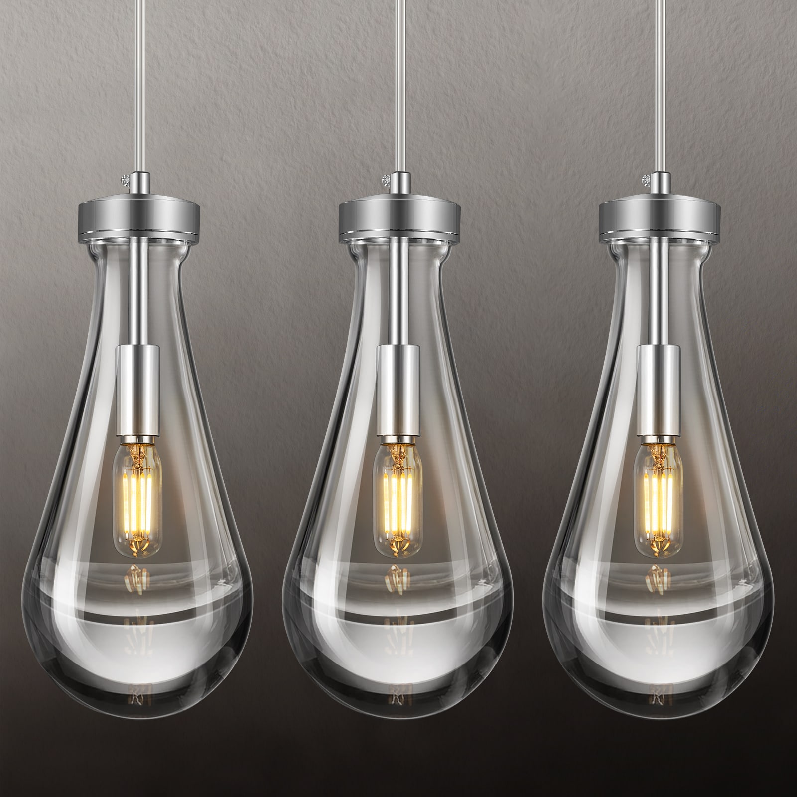 ZHLLMQ Modern 1-Light 3 Pack Single Drop Brushed Chrome Finish Clear Solid Glass Teardrop Non-Integrated LED 4.92 Inch Dining Room Kitchen Hardwired Pendant Light