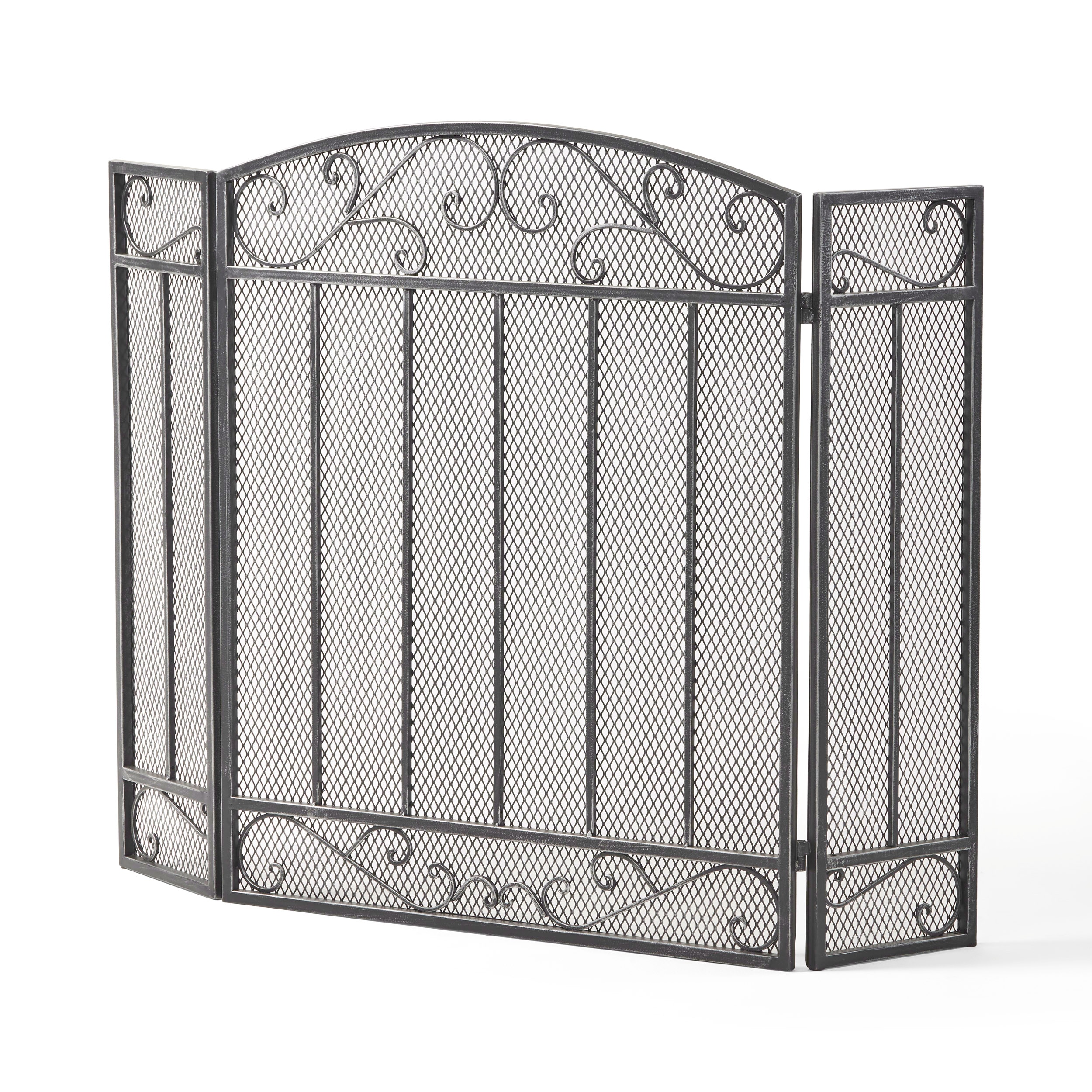Cheswold Contemporary Three Panel Iron Firescreen, Black Silver Finish | - Best Selling Home Decor 309109