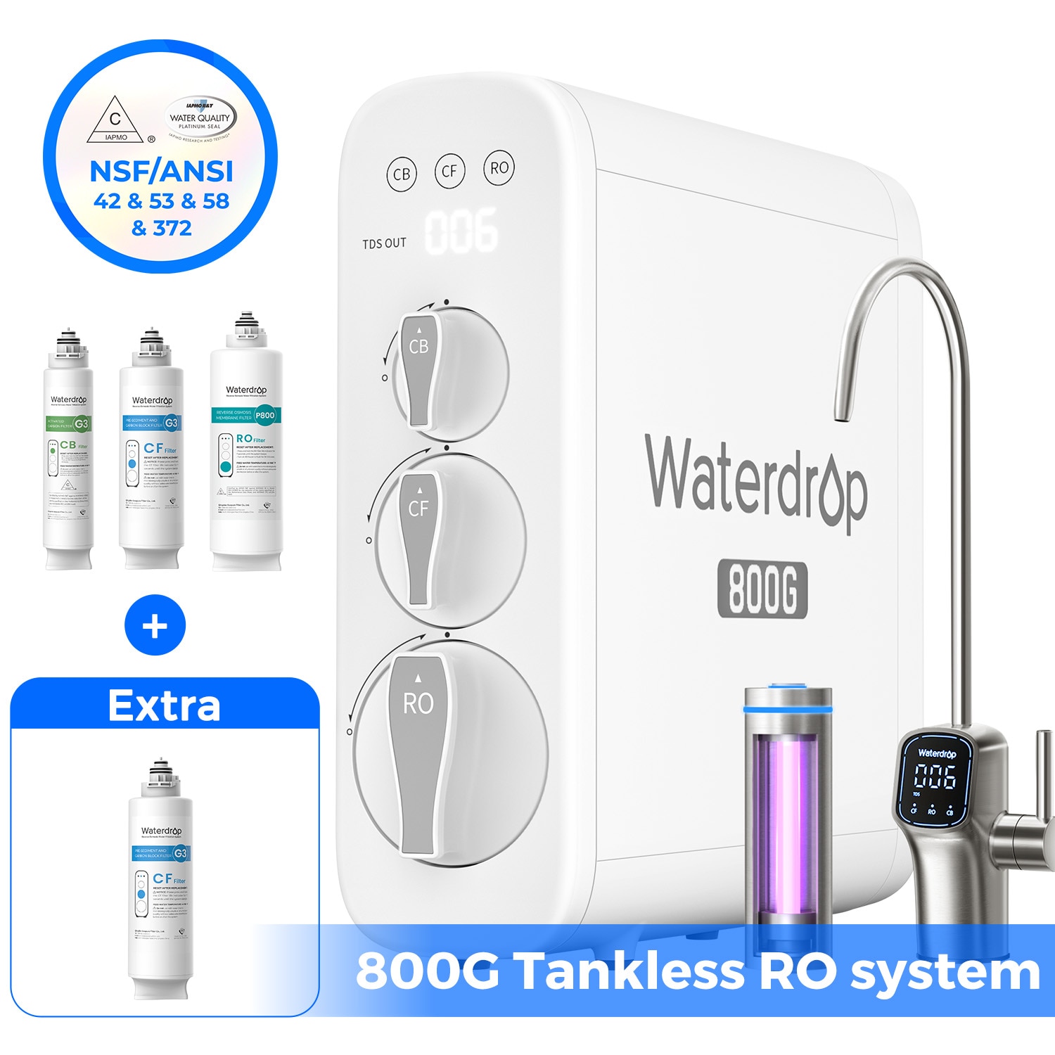 Waterdrop 10-stage G3P800 with CF Filter Composite/Activated carbon Reverse Osmosis Filtration Under Sink Water Filtration System with LED Purifier Stainless Steel Smart faucet Faucet