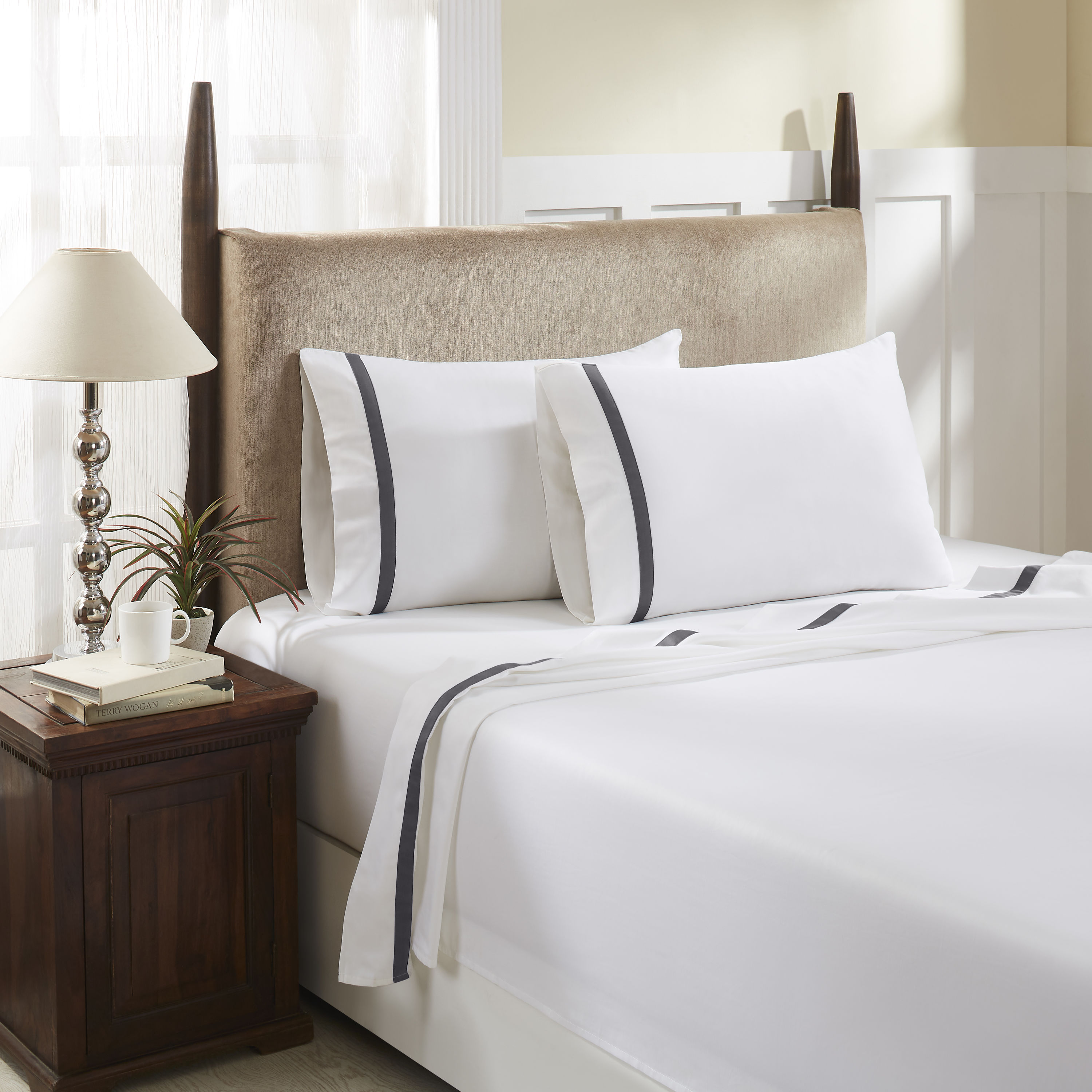  HC-500Q-TON-WH-GRY Queen 500 -Thread Count Cotton White with grey band Bed Sheet Set