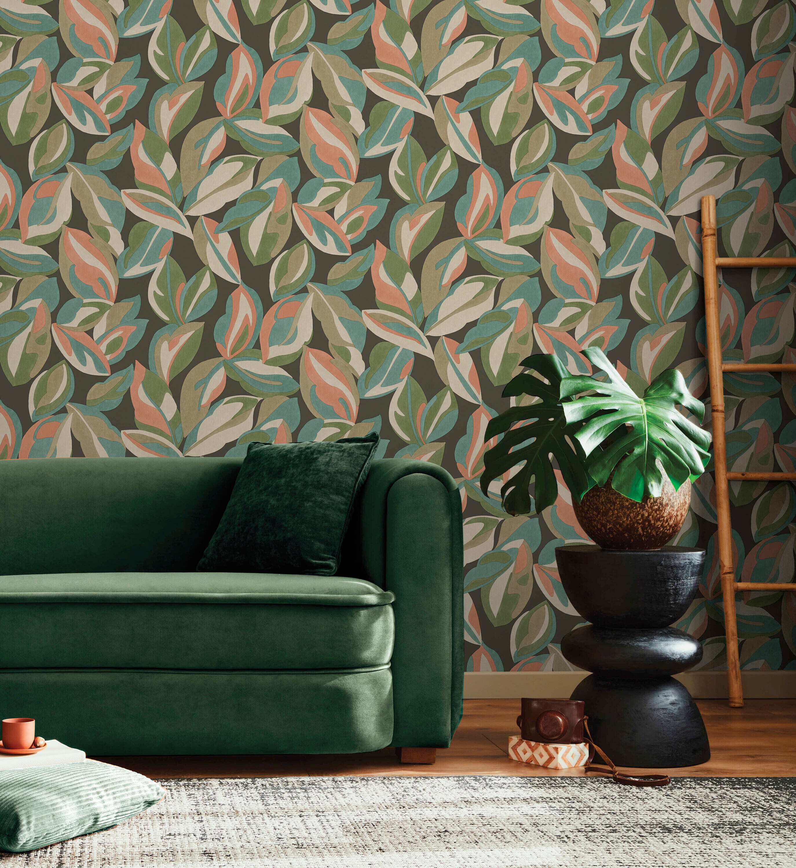 Abstract Leaf Charcoal Non-Pasted Wallpaper Roll
