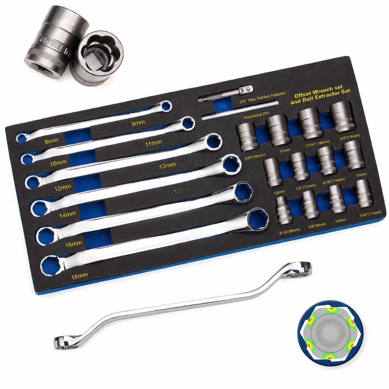 Linder Group Inc 20pcs Bolt Extractor Kit 6 Point Offset Wrench Set Metric 8 to 19mm Impact Socket Remover for Stripped Broken Rounded Bolts Nuts Includes #L3HJ3CNE