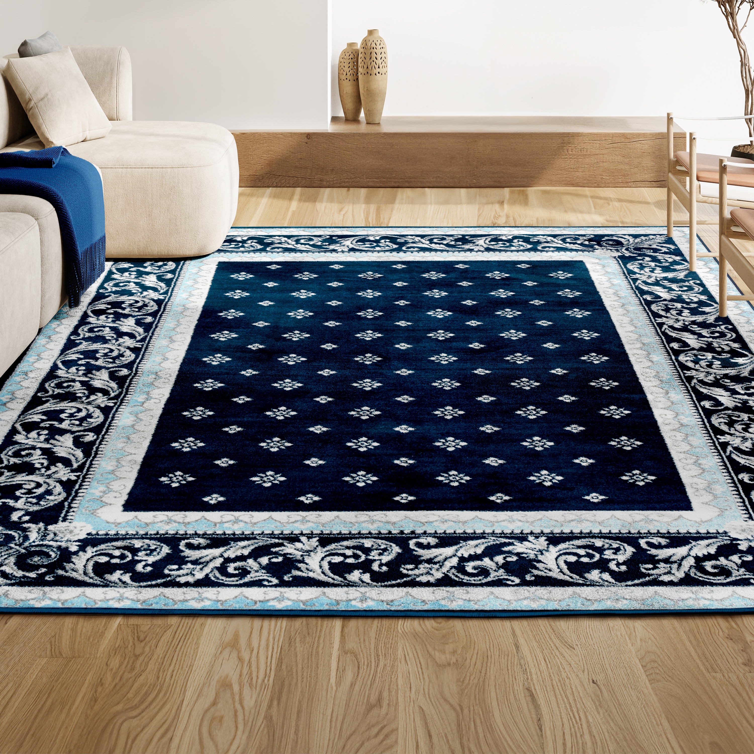 Acanthus Medallion French Border Navy/Blue Synthetic Area Rug 3x5