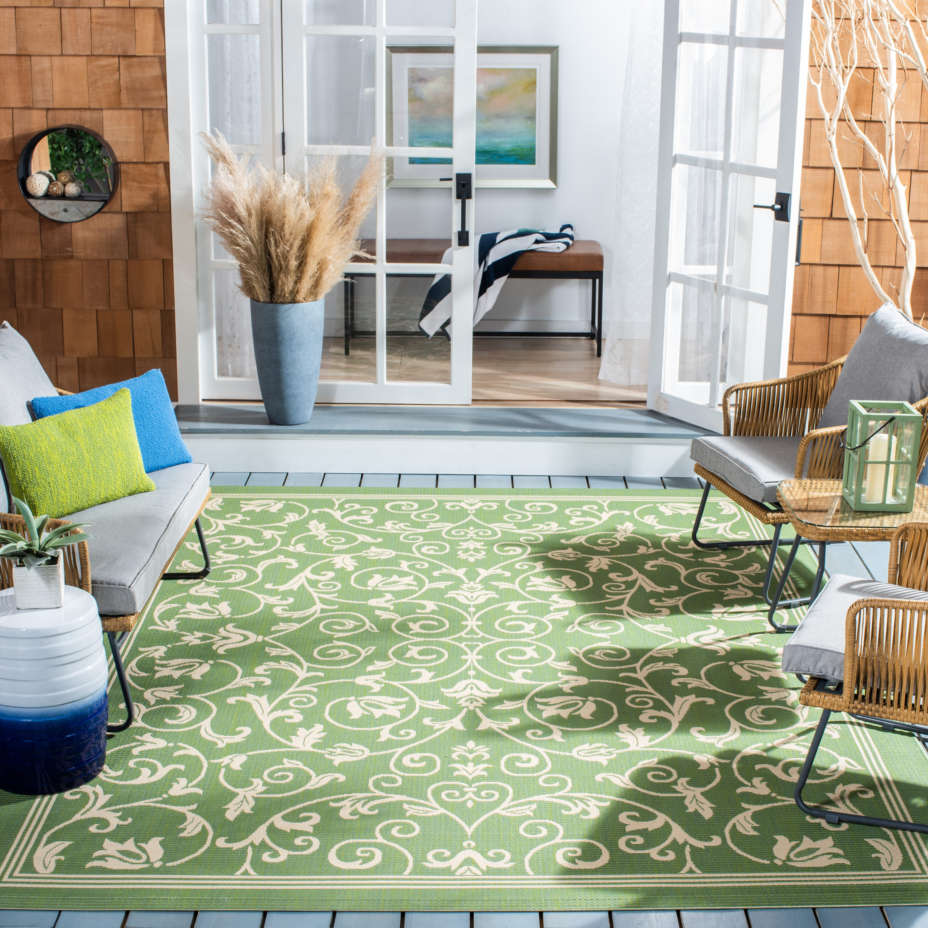 Safavieh CY2098-1E06-3 Courtyard Heirloom Gate 3 x 5 (ft) Loomed Polypropylene Olive/Natural Rectangular Indoor/Outdoor Floral/Botanical Coastal Wash with water Throw rug
