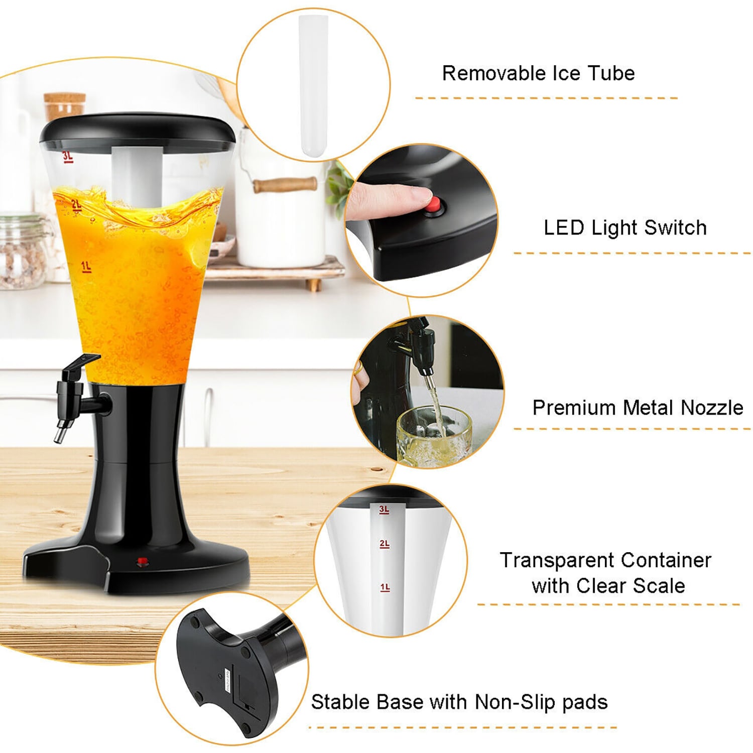 GZMR Black Poly Beverage Dispenser with Stand - 3L Capacity, Hot Beverage Compatible, Dishwasher Safe - Perfect for Parties | HYCC-25944-2-LC