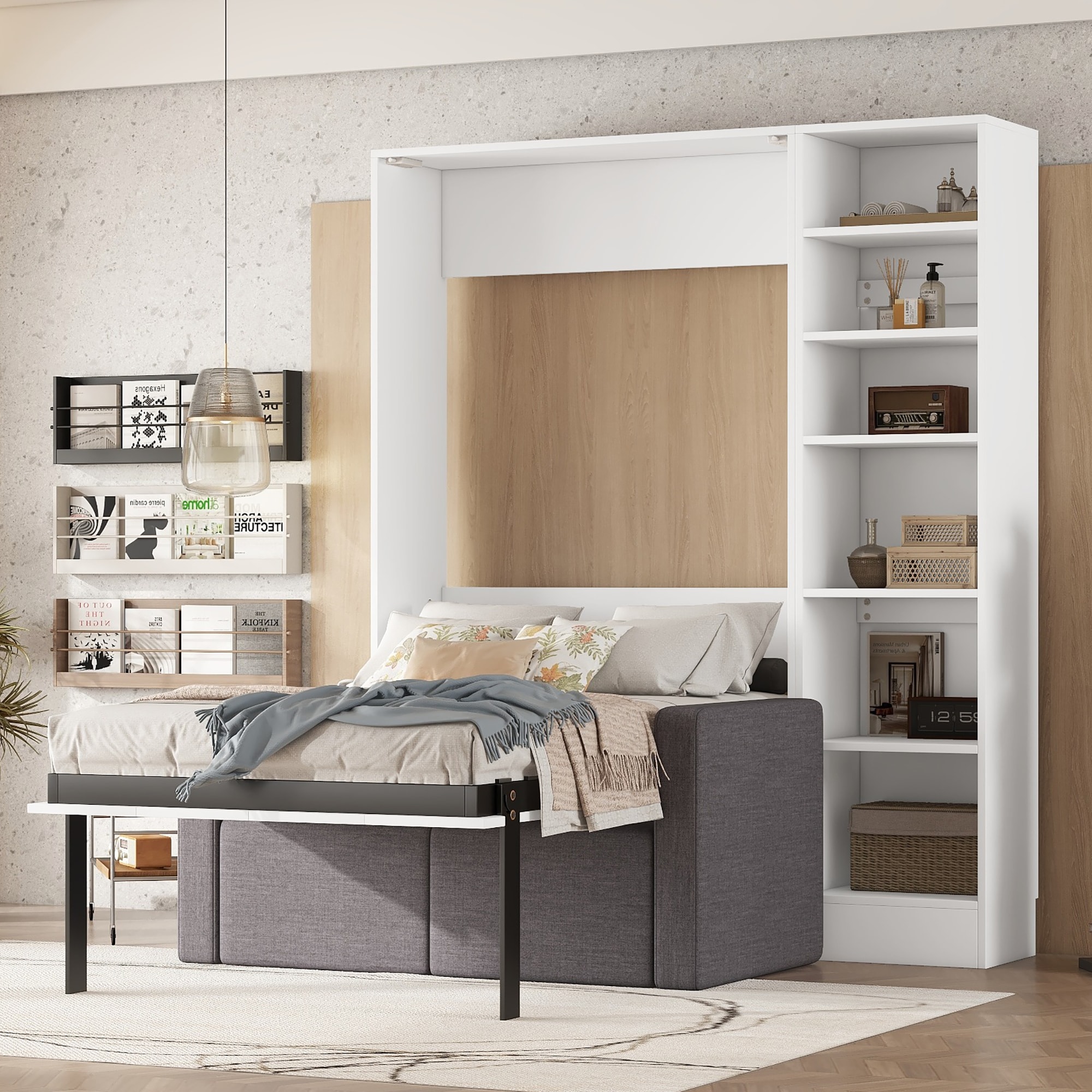 ModernLuxe LP000794AAK Twin Size Murphy Bed Wall Bed with Sofawith ShelvesWhite