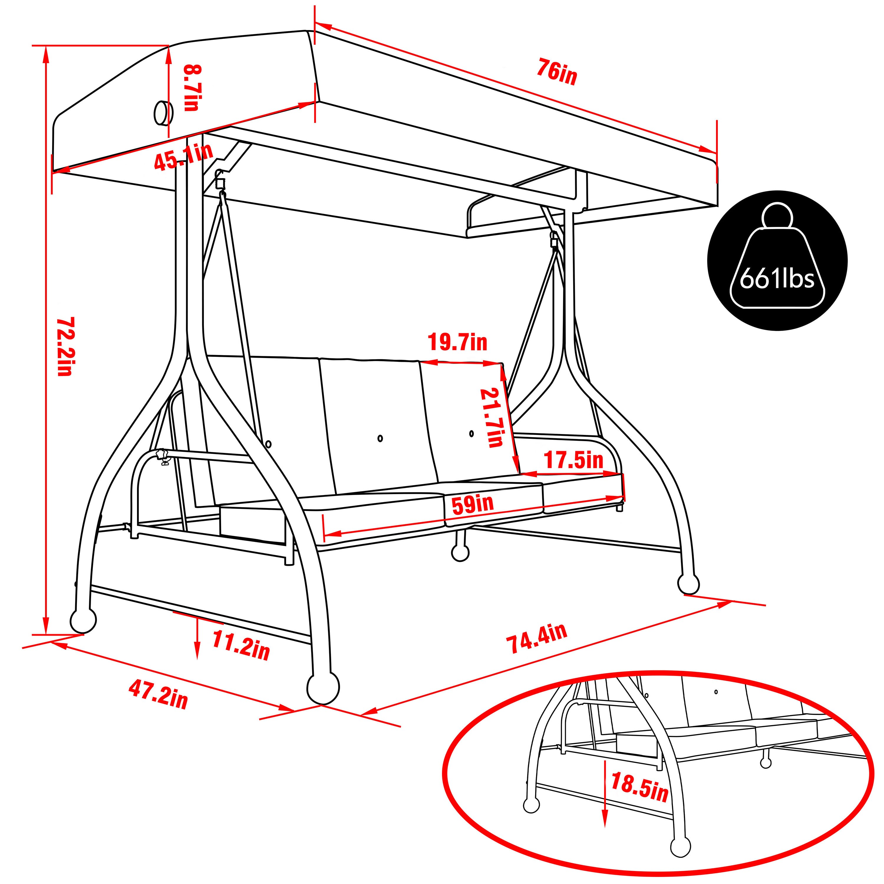 VEIKOUS 2-In-1 Convertible Swing 3 -person Gray Steel Outdoor Swing