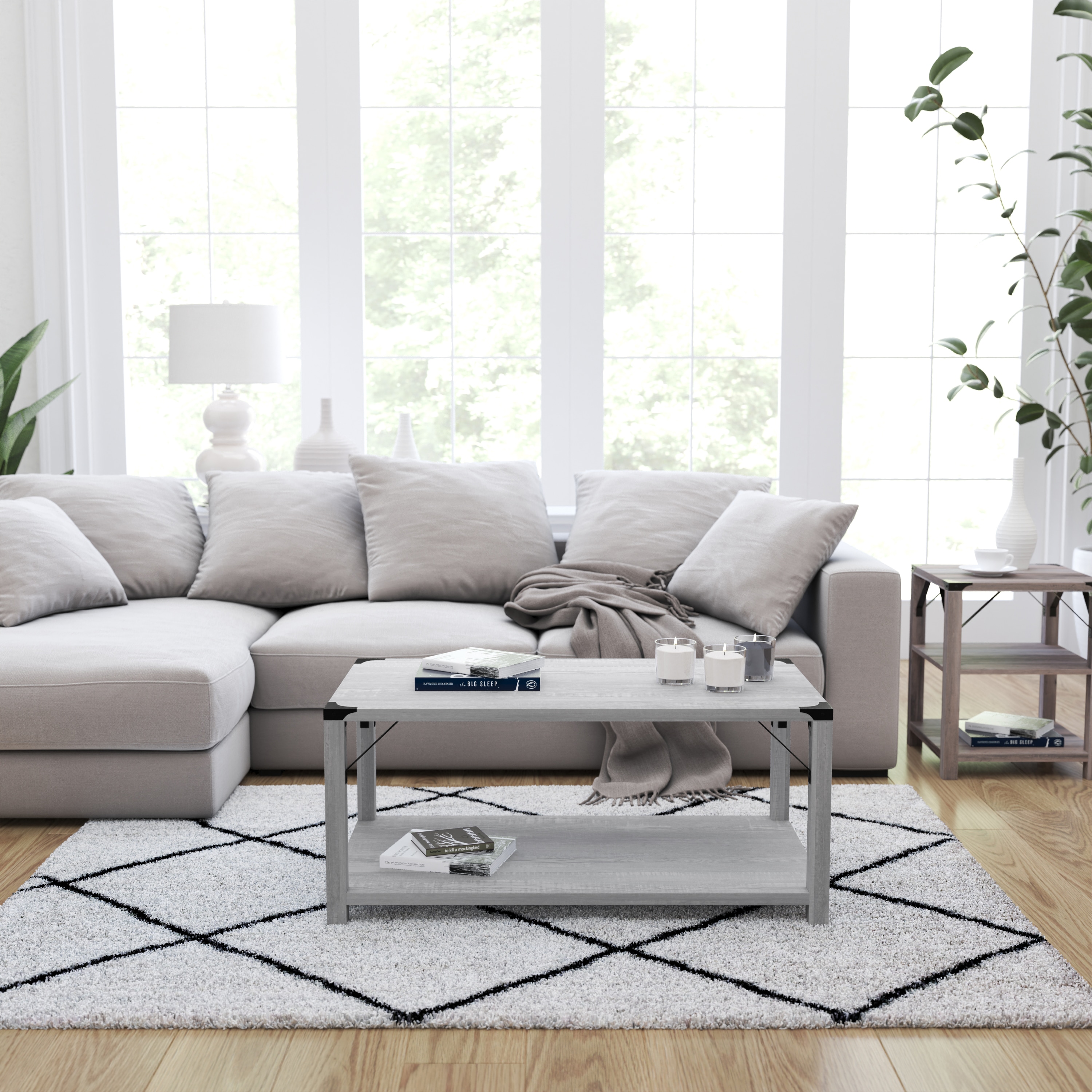 Merrick Lane Green River Modern Farmhouse Engineered Wood Coffee Table and Powder Coated Steel Accents in Aspen Gray
