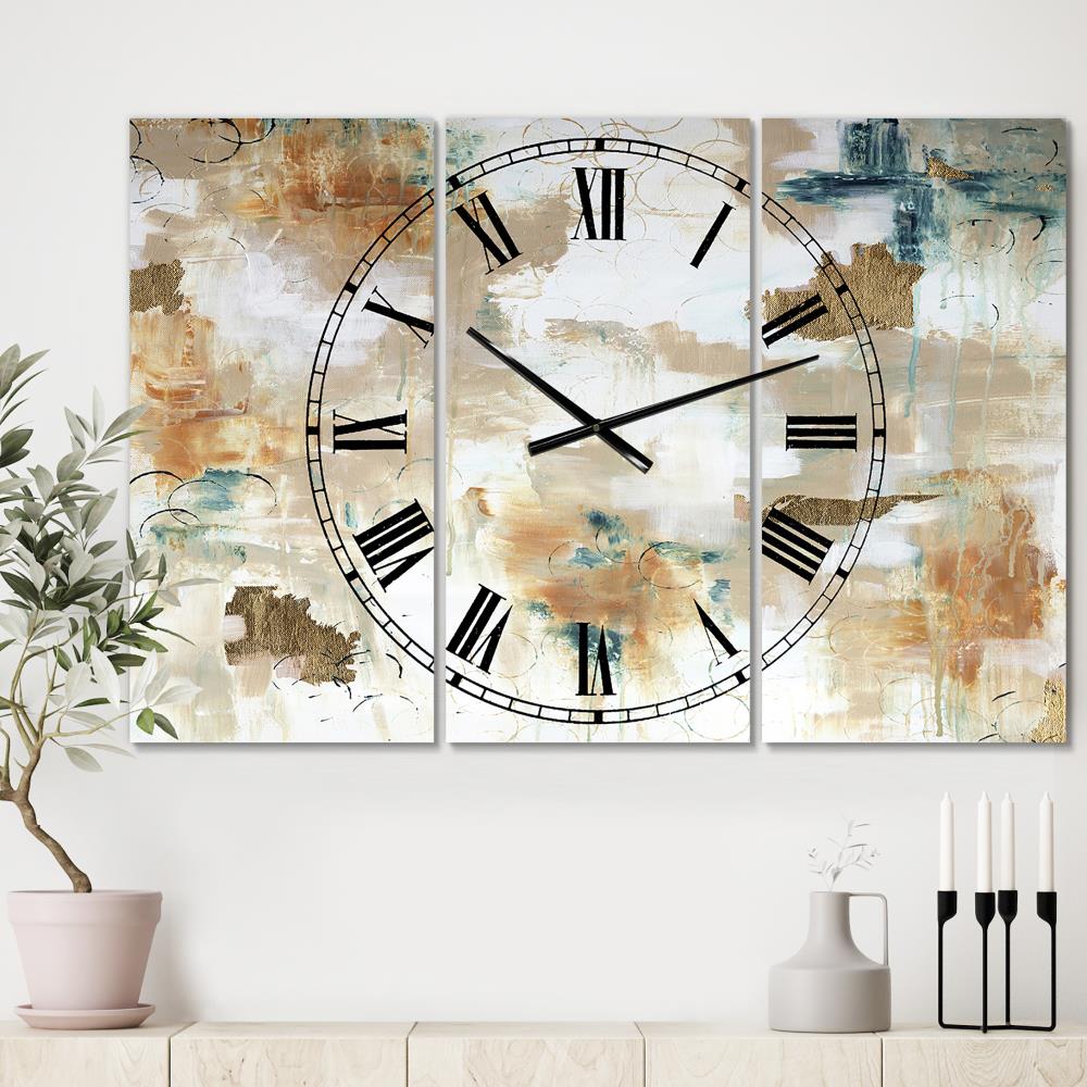 'Gilded Daydreams' Oversized Modern 3 Panels Wall Clock - Brown Metal Rectangle Indoor Clock with Roman Numerals | - Designart CLM25069-3P