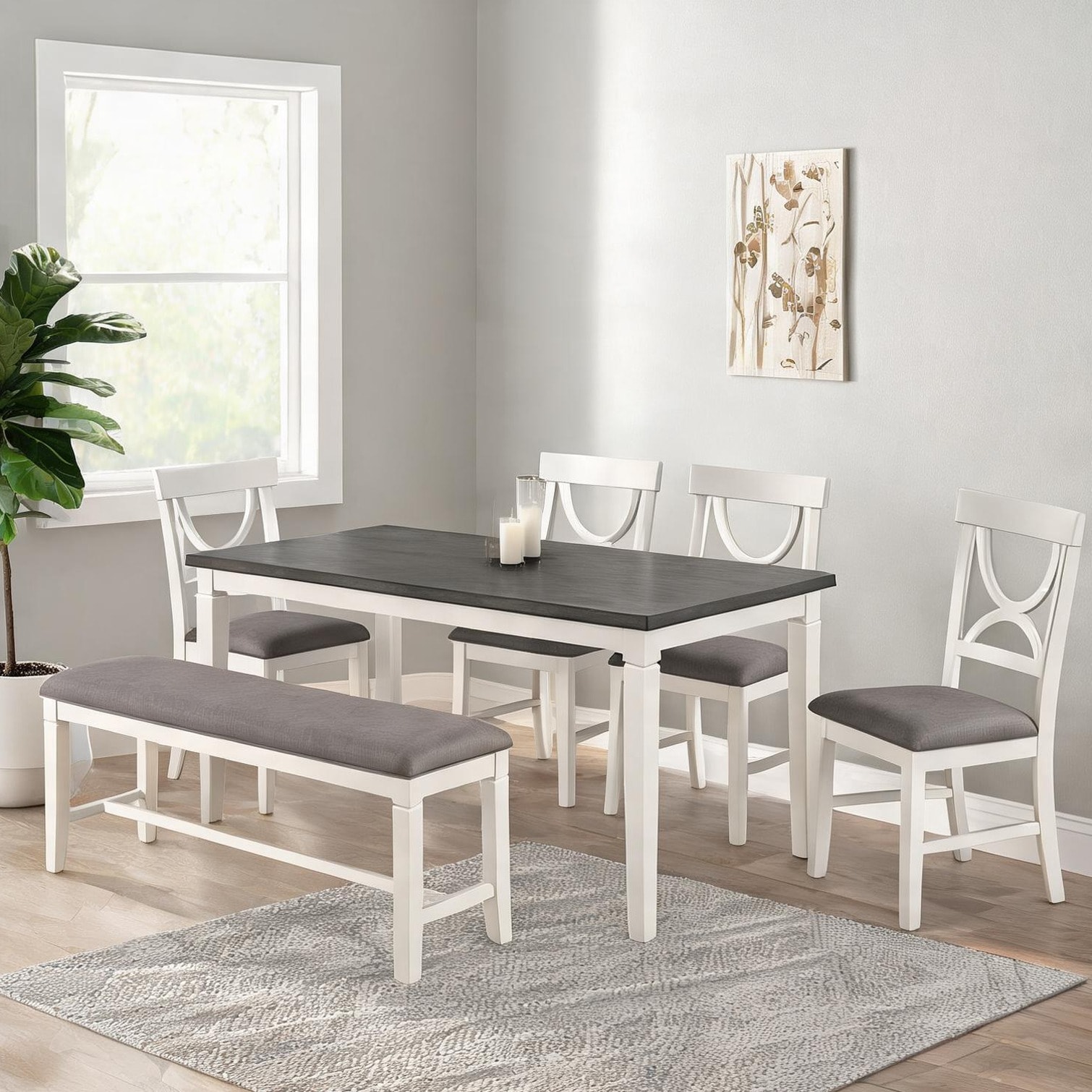 SunJet - Slate Gray and White Rectangular 6-Piece Wood Dining Set with Bench and Upholstered Chairs